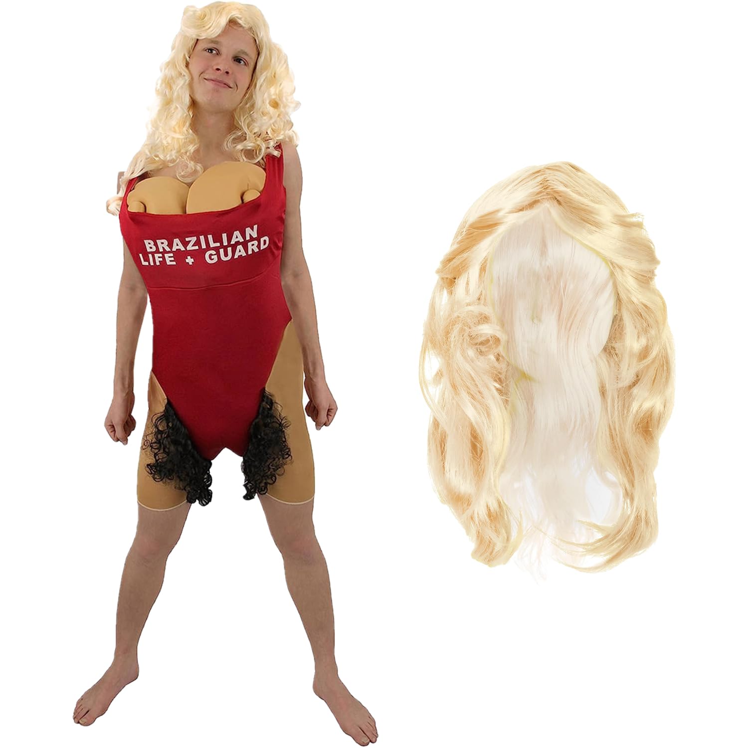 Mens Funny Lifeguard Beach Babe Costume - Red Swimsuit Outfit, Blonde Wig - Novelty Fancy Dress for Stag Nights Eighties Retro Funny (Includes Wig)