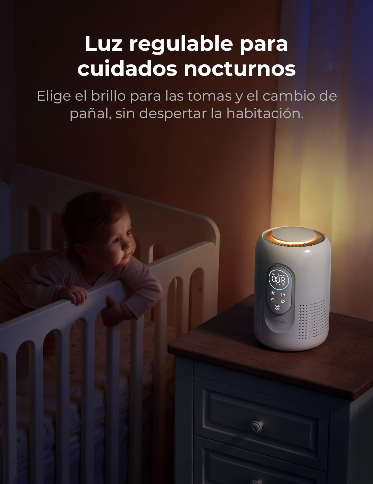 Momcozy Purificador de Aire con Filtro Hepa 4 en 1, Purificador de Aire con Monitoreo de PM 2.5, 4 Velocidades, Modo Sueño de 21dB, Luz Nocturna Ajustable, Ideal para Bebes y Mascotas en Hogar