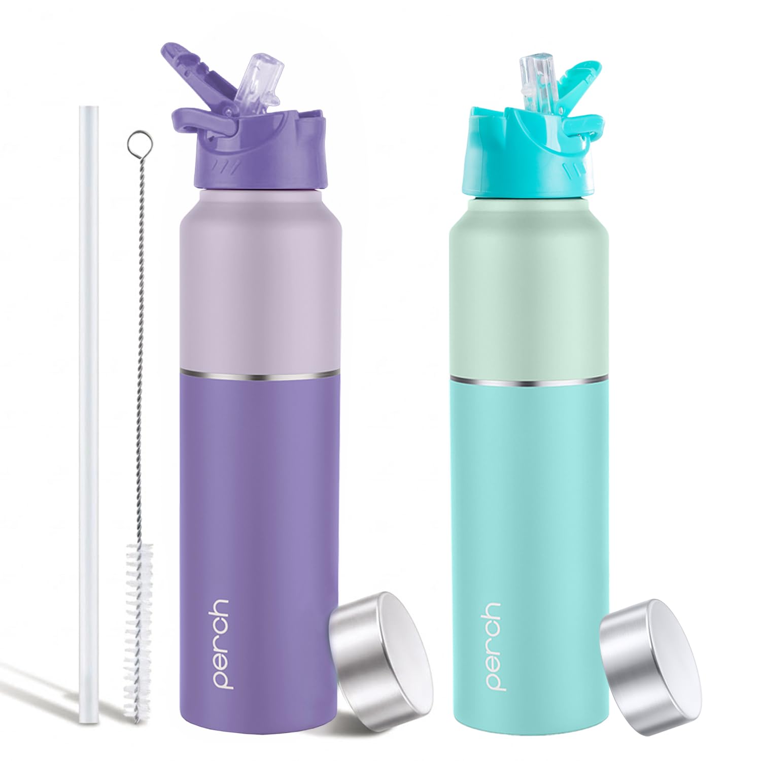 Perch Stainless Steel Sipper Water Bottle 1 LTR with Straw Cleaner | Single Wall Fridge Bottle| For Home, School, Office, Gym, Travel | Lightweight | BPA Free, Magic 1000ml | Set of 2 (Purple & Cyan)