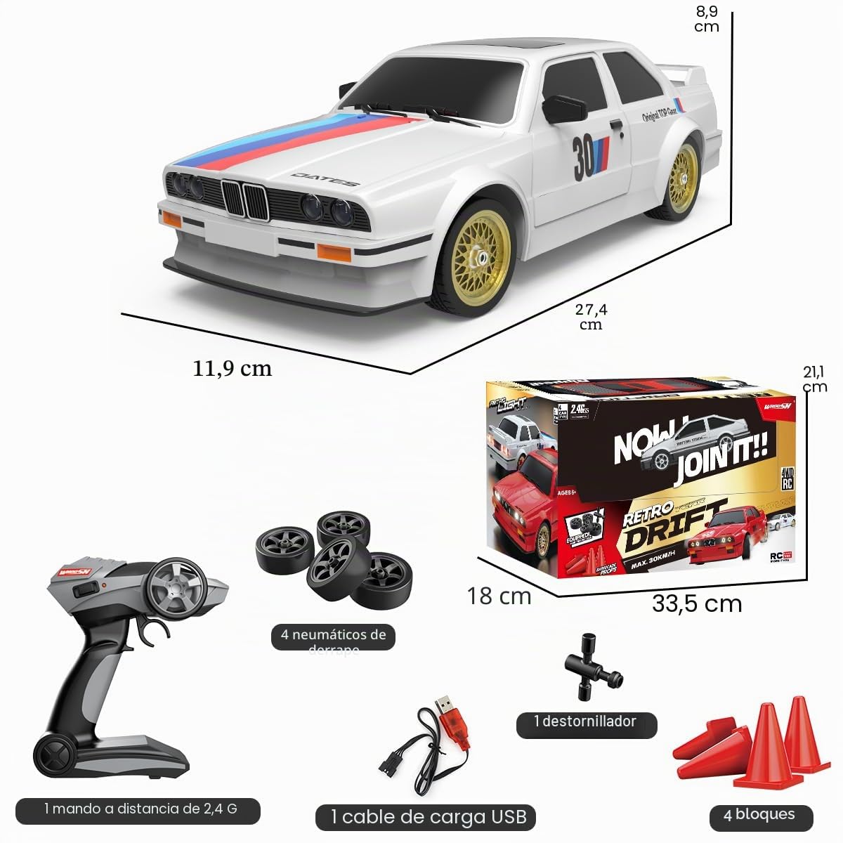 Mostop Coche teledirigido, escala 1/16, 30 km/h, alta velocidad RC Drift Car para niños y adultos, 4WD High Speed RTR Racing Car con luces LED Control remoto Vehicle juguetes regalos para niñas niños