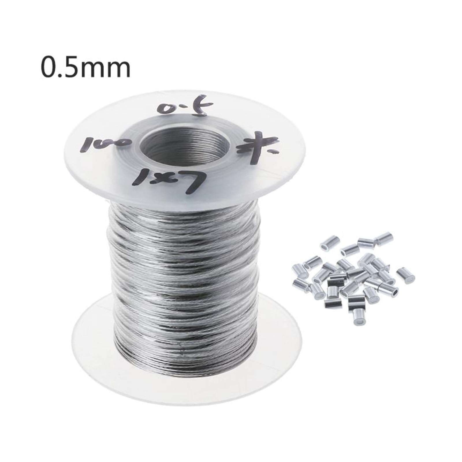 Lina stalowa, Lina stalowa ze stali nierdzewnej 304 1x7 100 metrów srebrna 0,3-0,5 mm z 30 aluminiowymi tulejkami(0.5mm)