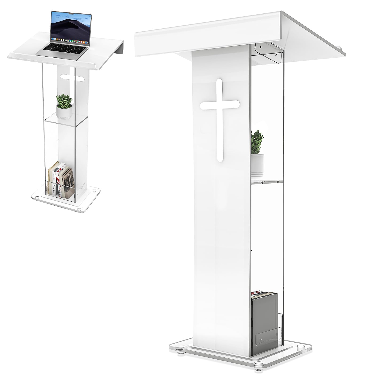 45.3 Acrylic Podium Lectern, Pulpit for Churches with Double Shelves, Modern Plexiglass Pulpits Lectern with Cross Design for Classroom, Conference, Wedding and More