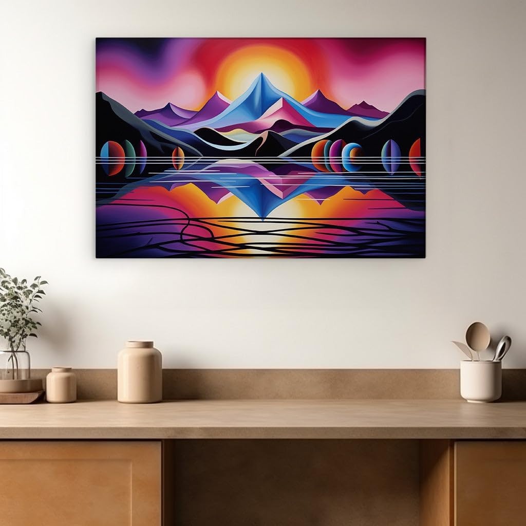 Canvas for Living Room. Sunset Serenade Over The Digital Mountainscape, 27 x 18 inch Canvas Wall Art - Surrealistic Visions - Modern Home Decor