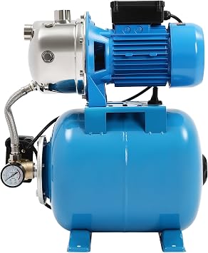 1HP Shallow Well Pump with Pressure Tank, Max Head 148FT, 800GPH Stainless Steel Irrigation Pump with Pressure Switch & Self-priming System, Automatic Water Booster Jet Pump for Garden