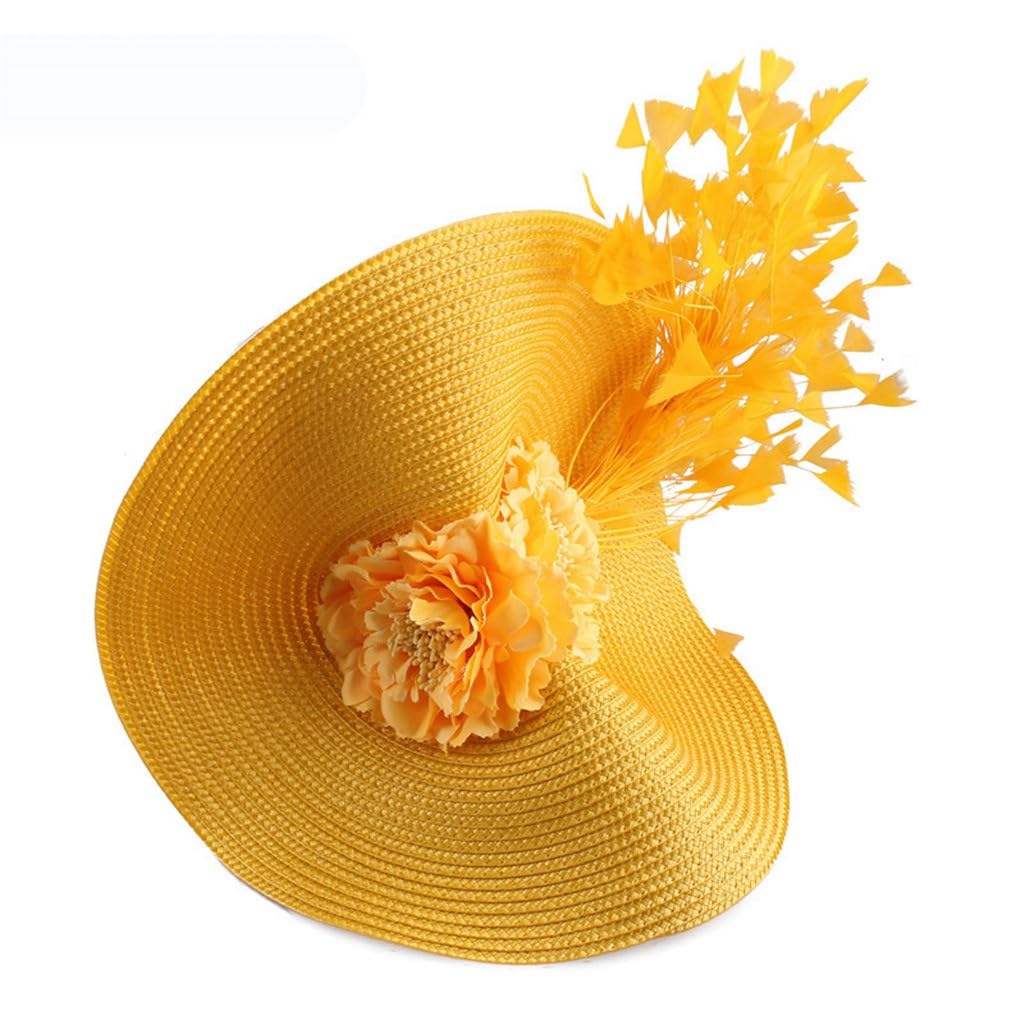 Amazon.com: YMGSCC Yellow Big Fedora Hats Women Yellow Derby  display picture 3