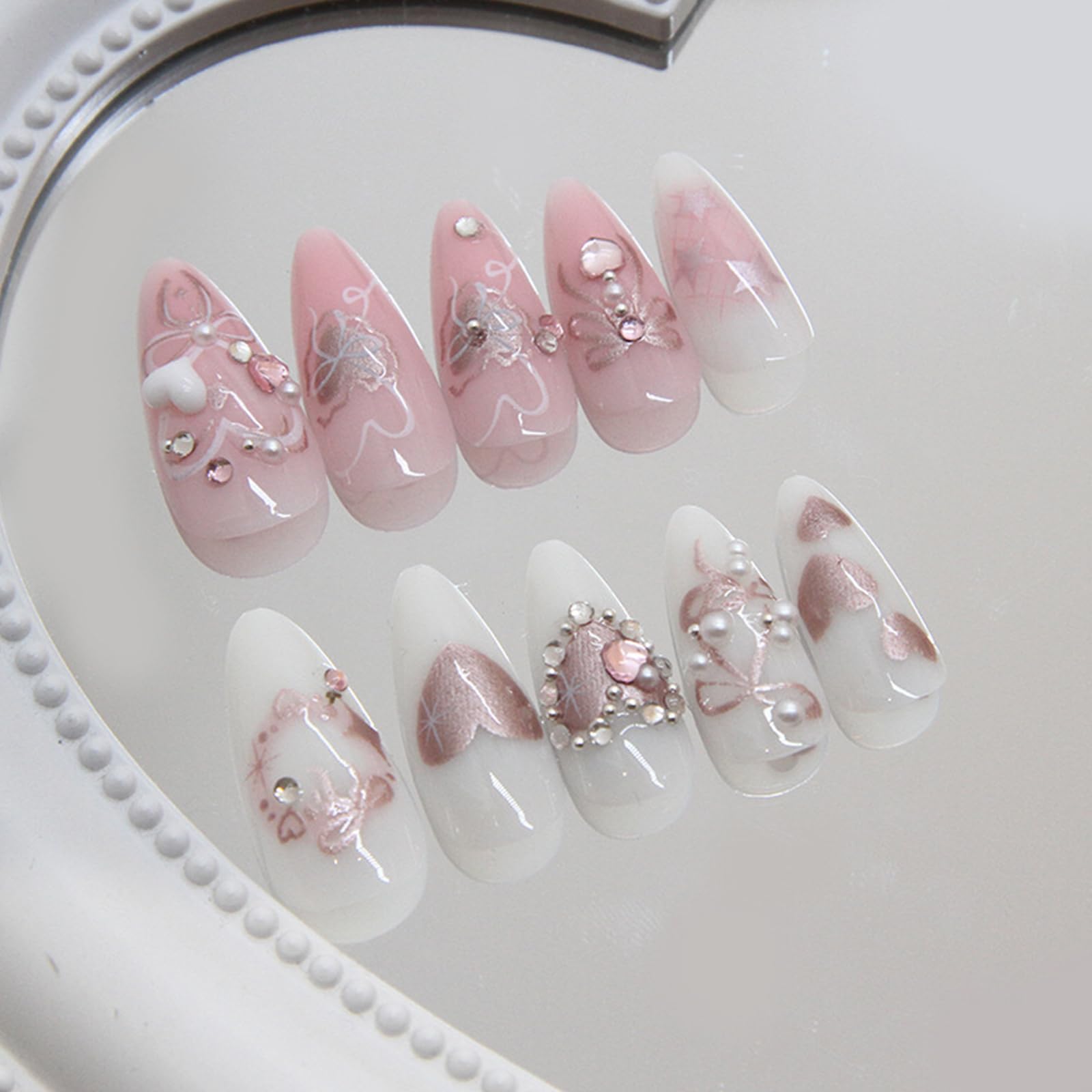 Pink French Tip Press on Nails with Charms Medium Almond Fake Nails with 3D Pearl Rhinestones Designs Cute Bow Acrylic Full Cover Glossy Stick on False Nails Manicure Kits for Women 24Pcs - Image 4