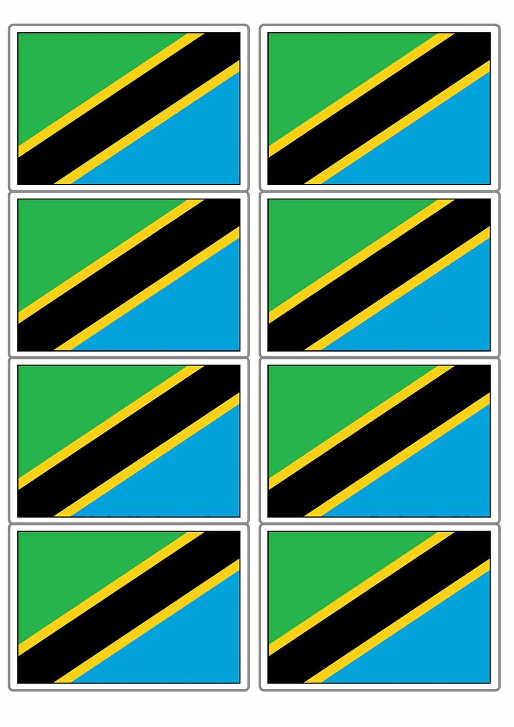 Tanzania National Flag Rectangular Matt Paper Stickers A4 Sheet of 8 (Each Sticker is 99mm x 68mm) (Rectangular)