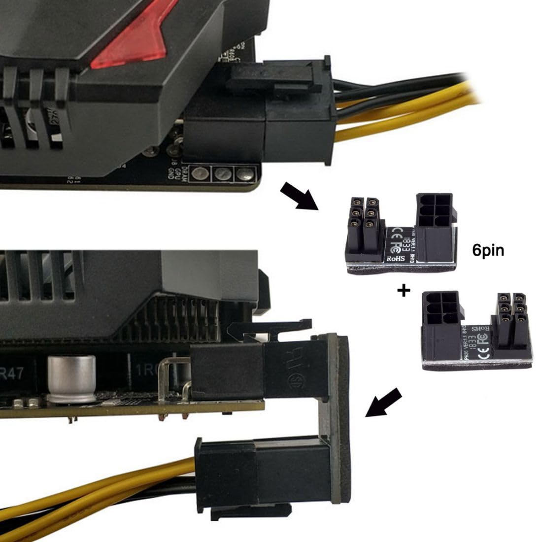 Diagram showing a 6-pin angled adapter being connected to a graphics card's power input, with an arrow indicating the direction of connection.