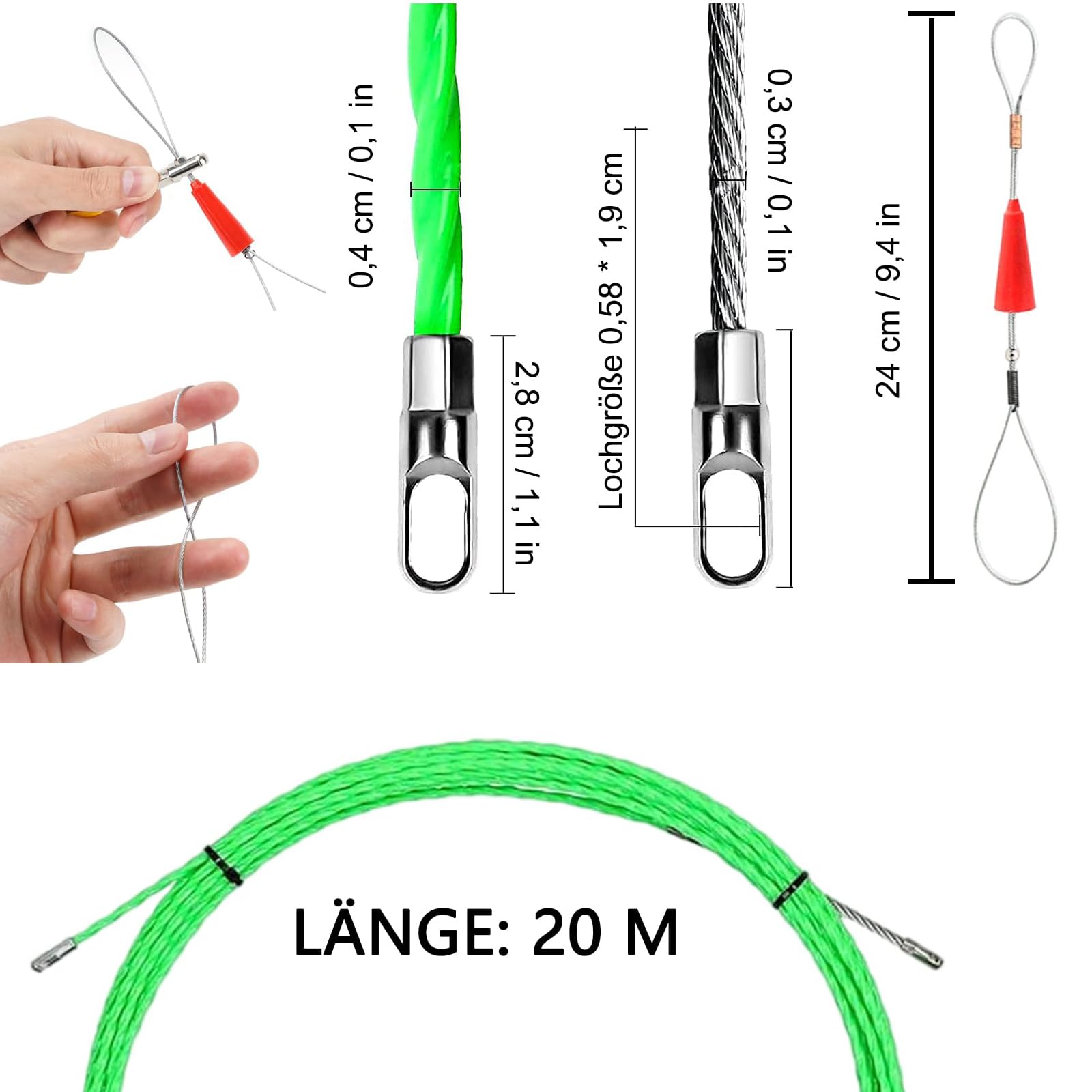 Ayuda para pasar cables, espiral de inserción de 20 m, diámetro de 4 mm para guía de cables, ayuda para el tendido de cables, ayudas para pasar cables, adecuado para fibra óptica, electricidad