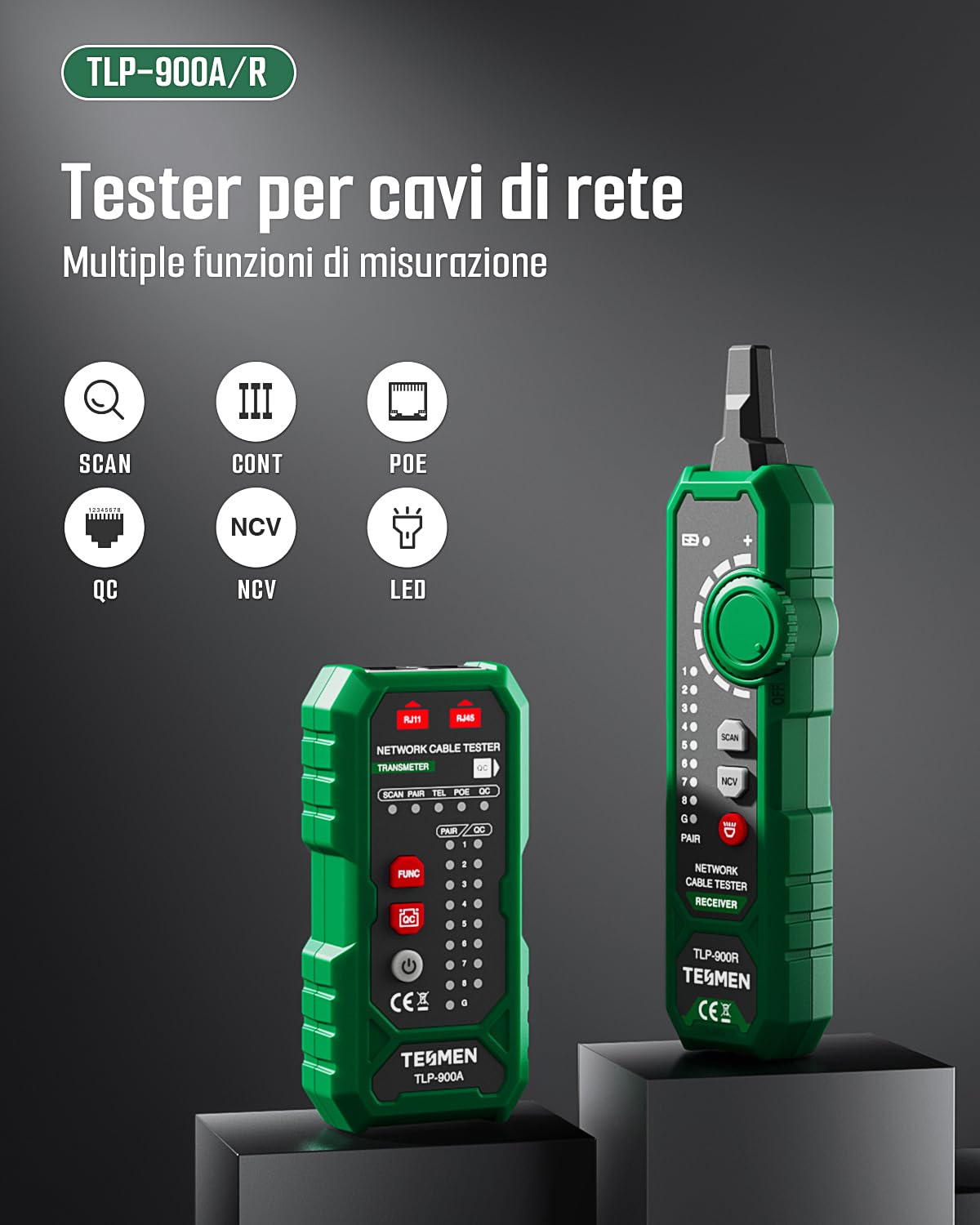 TESMEN TLP-900AR Tester per cavi di rete, RJ11 RJ45, per CAT5/6/POE/STP, con accoppiamento, Continuità, QC e NCV, adatto per Ethernet, Telefono, Manutenzione e smistamento dei cavi - Verde