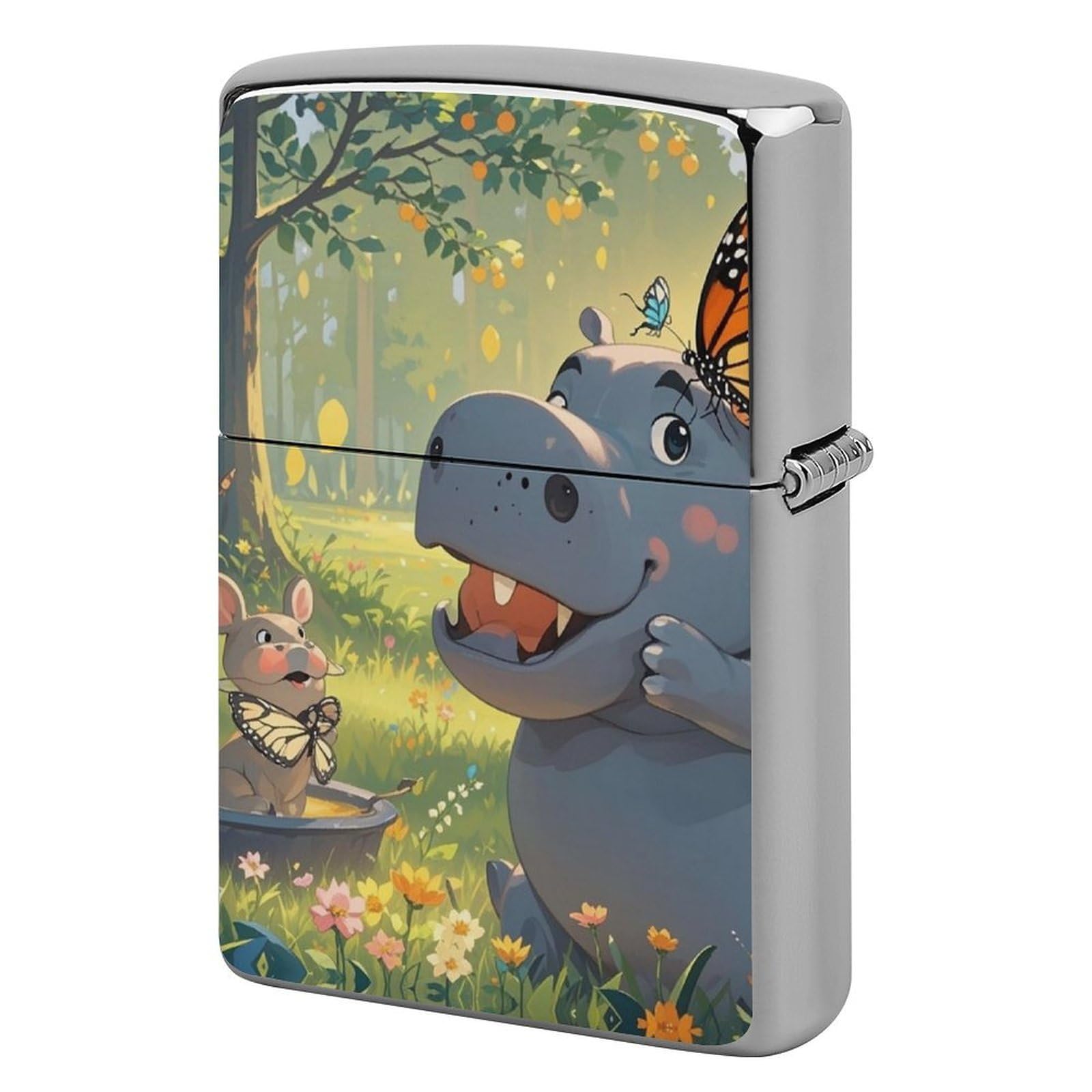 Butterfly and Hippo Lighter Case Vintage Metal Lighter Cover Reusable Lighter Protective Sleeve Unique Design Personalized Lighter Sleeve Holder Against Dust and Scratches