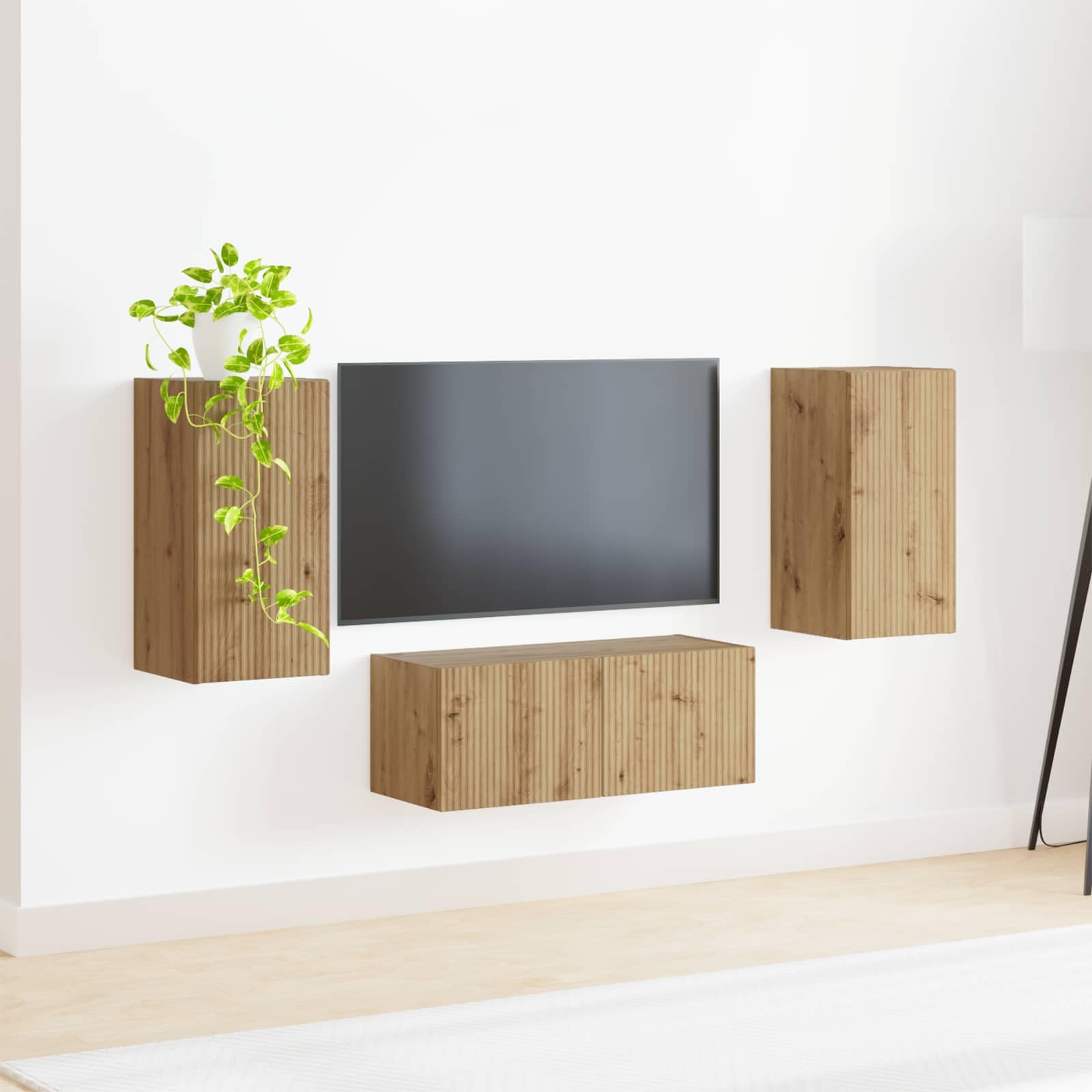 Juego de 6 muebles de pared de madera de roble artesanal con 5 unidades de pared para salón moderno y espacios de entretenimiento