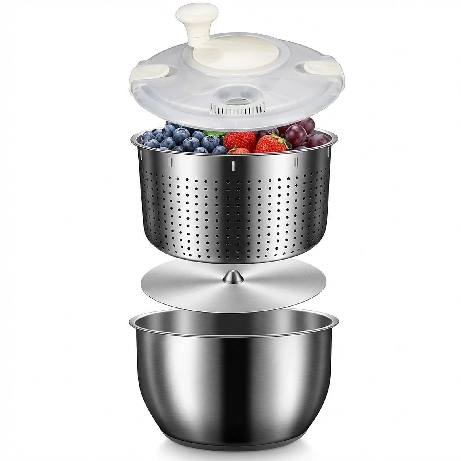 Centrifuga per insalata grande da 6 litri con cestello interno in acciaio inossidabile e ciotola, centrifuga professionale per la preparazione dei pasti in famiglia, rondella per frutta e riso in