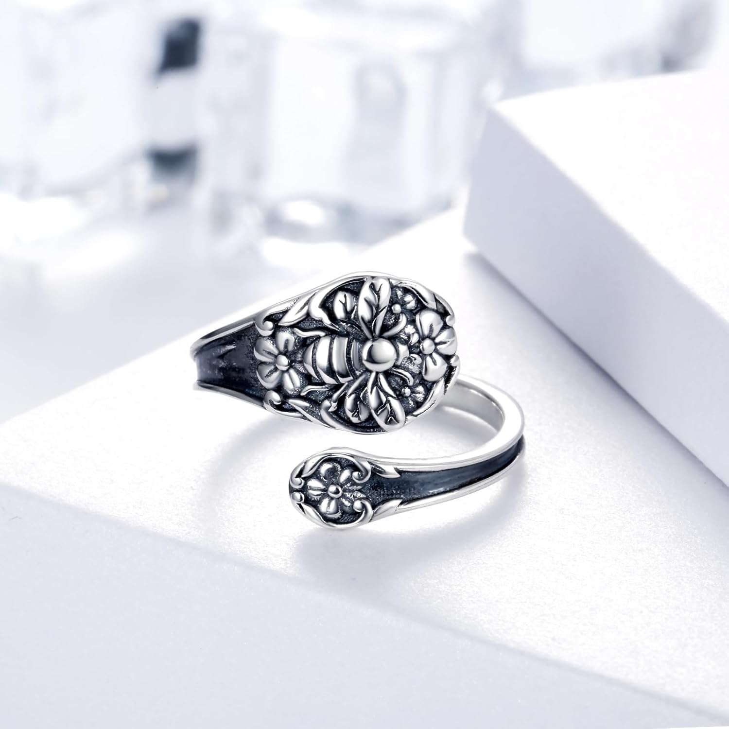 Sterling Silver Spoon Ring for Women Bee Cross Vintage Adjustable Bees Flower Spoon Rings for Thumb Rings Jewelry Gifts for Mom Grandma (Bee) - Image 4