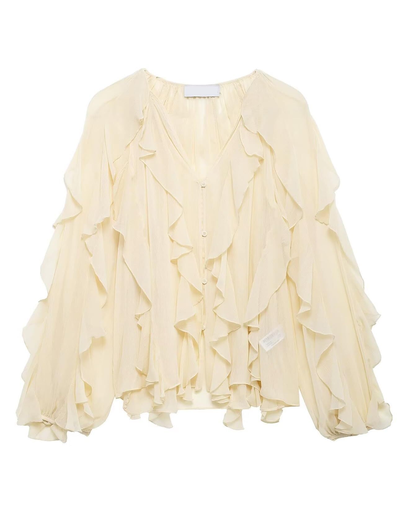 Barley Direct Unisex Beige Womens Sheer Ruffle Blouse V Neck See Through Chiffon Ruffled Tops Summer Going Out Tops(,Medium)