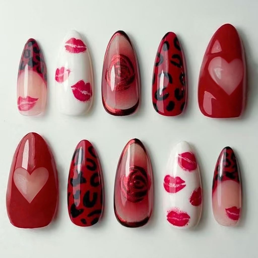 30Pcs Artificial Nails Featuring Red Kiss Rose Print In ABS Construction Fake Nails For Long Lasting Wear