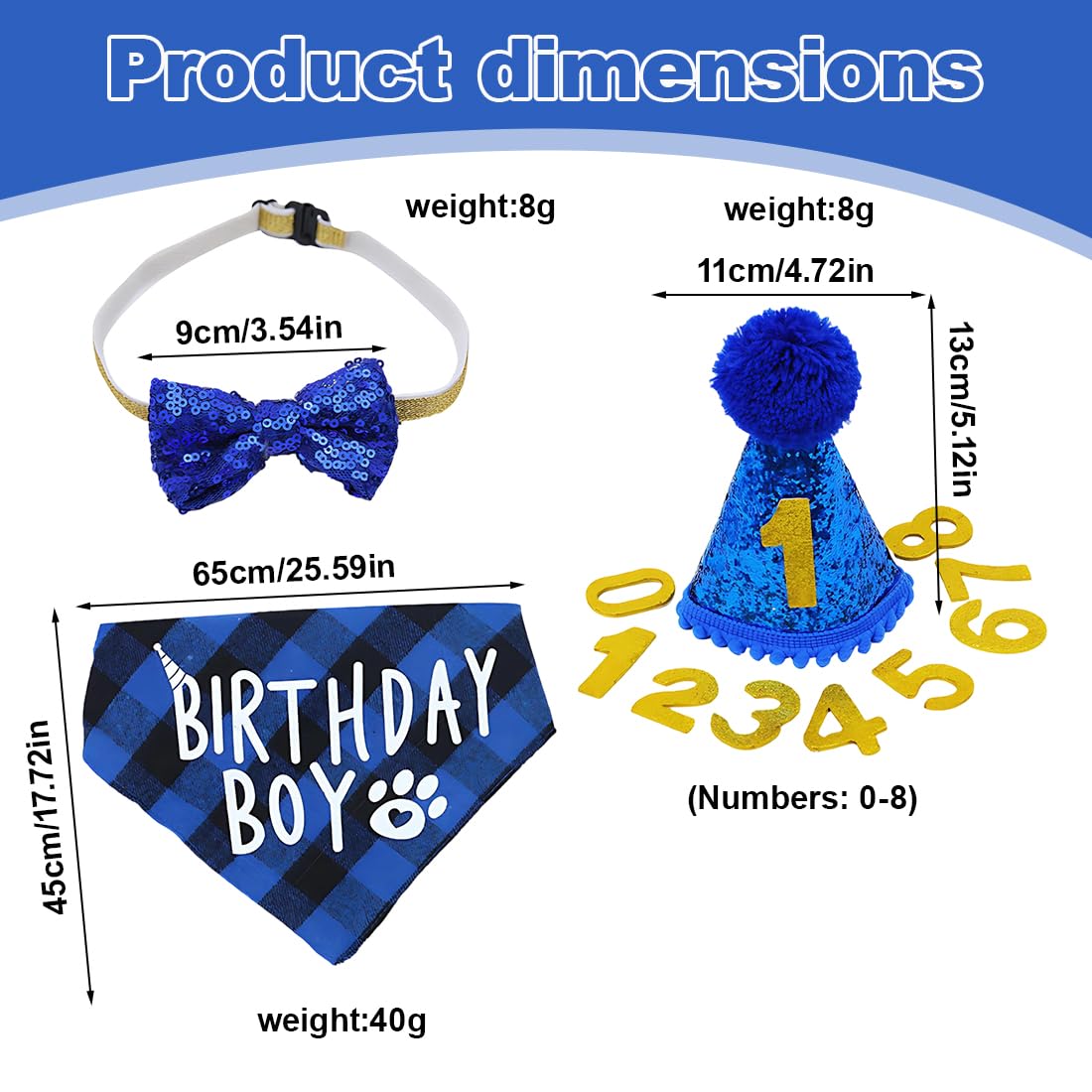 Set di cappello e bandana per compleanno cane, 3 pezzi, con 9 numeri glitter, decorazioni per festa cane, bandana compleanno cane, cappellino compleanno cane (Blu)
