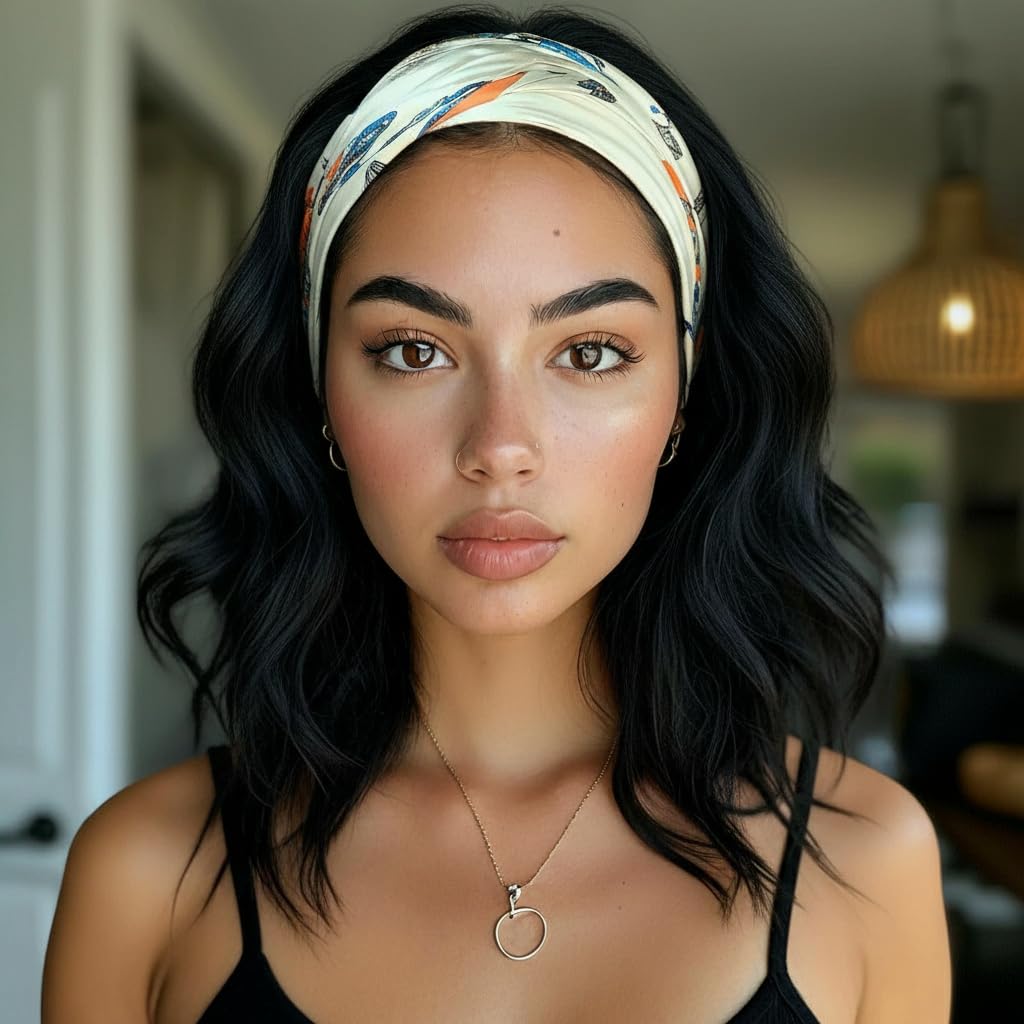 Matthia Headband Wig14inch Short Wavy Bob Headband Wigs for Black Women Synthetic Loose Wave Natural Black None Lace Front Wear and Go Glueless Wig