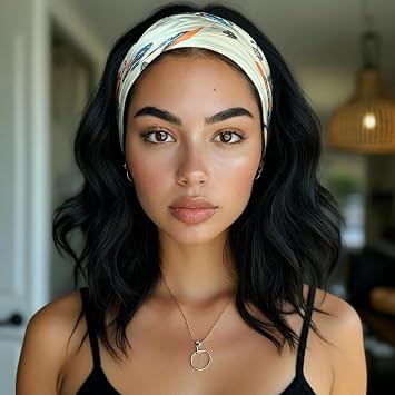 Matthia Headband Wig14inch Short Wavy Bob Headband Wigs for Black Women Synthetic Loose Wave Natural Black None Lace Front Wear and Go Glueless Wig