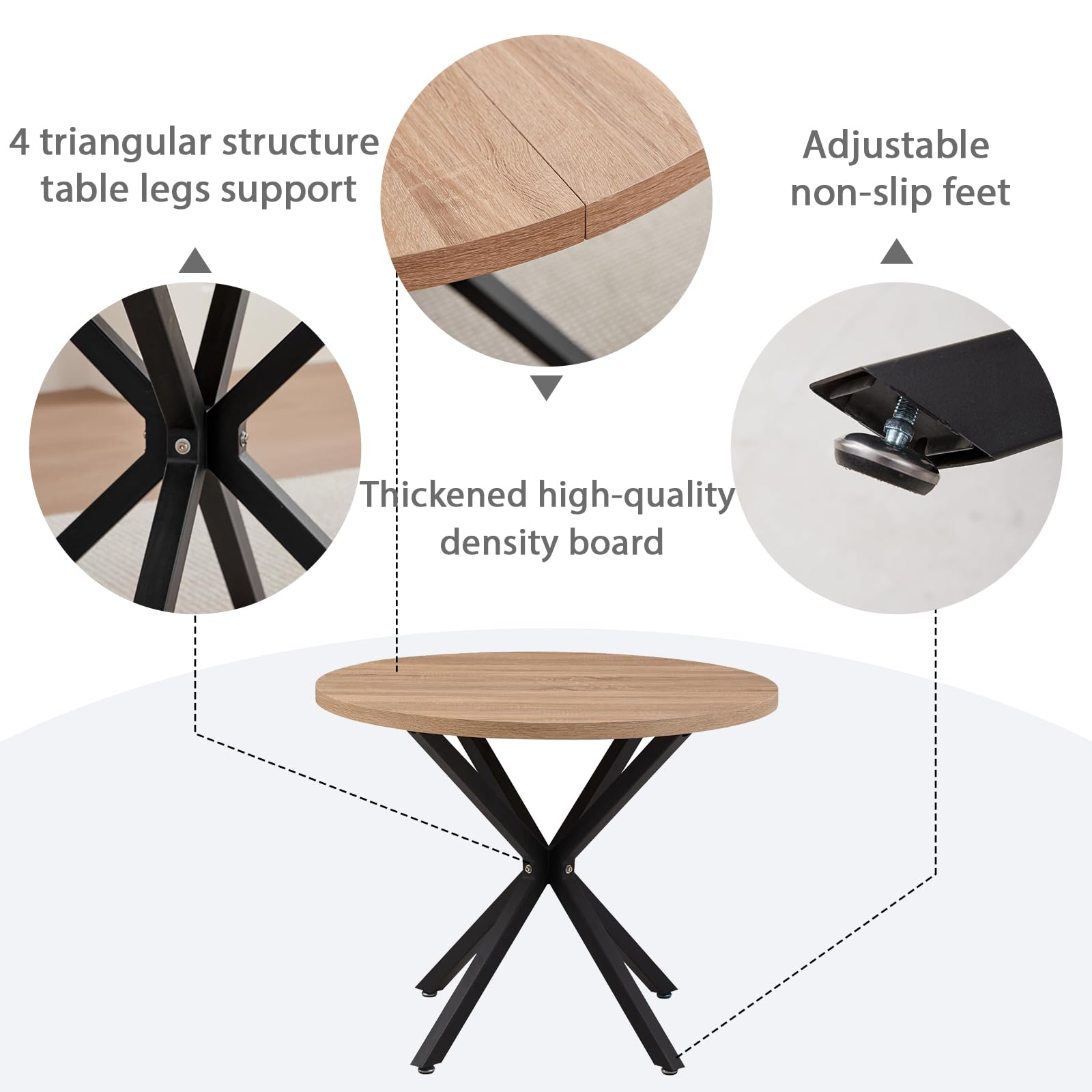 GrandCA HOME Set Tavolo e Sedie da Pranzo, Tavolo Rotondo da 100 cm e 4 Sedie in Velluto Nordico, Adatto a Soggiorno, Sala da Pranzo e Cucina (Venatura del Legno Chiaro + Nero)
