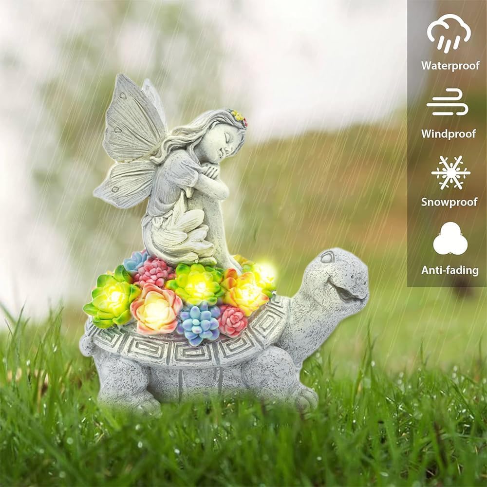Solar Angel Garden Statue，Solar Garden Statue Angel and Turtle,Figurines Outdoor Decor,Outdoor Solar Statue with LED Lights for Yard,Patio,Lawn Art Decoration,Housewarming Gift
