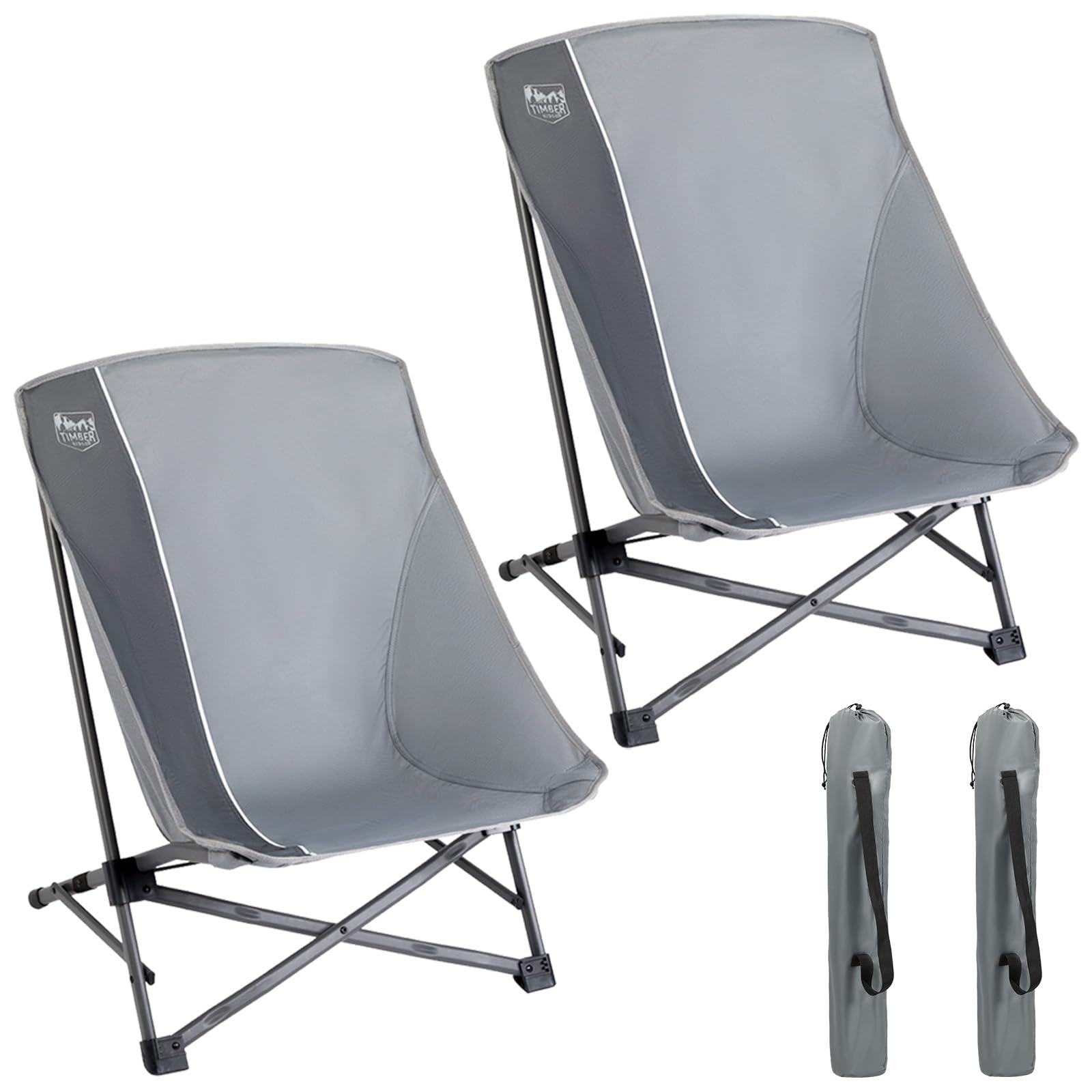 TIMBER RIDGE Folding Camping Chair for Adults, Stable Low Seat Beach Chairs with Carry Bag, Portable High Back Chair for Outdoor Camp Sand Lawn Concert, Supports 300Lbs Grey 2 Pack