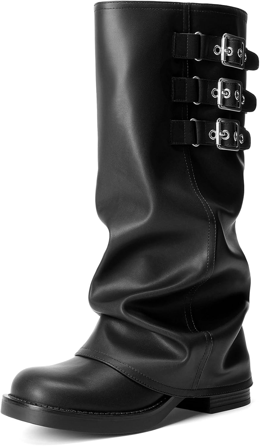 DREAM PAIRS Fold-over Knee High Boots Comfort Low Heel Wide Calf Slouchy Boot Stylish Buckle Long Tall Boots for Women