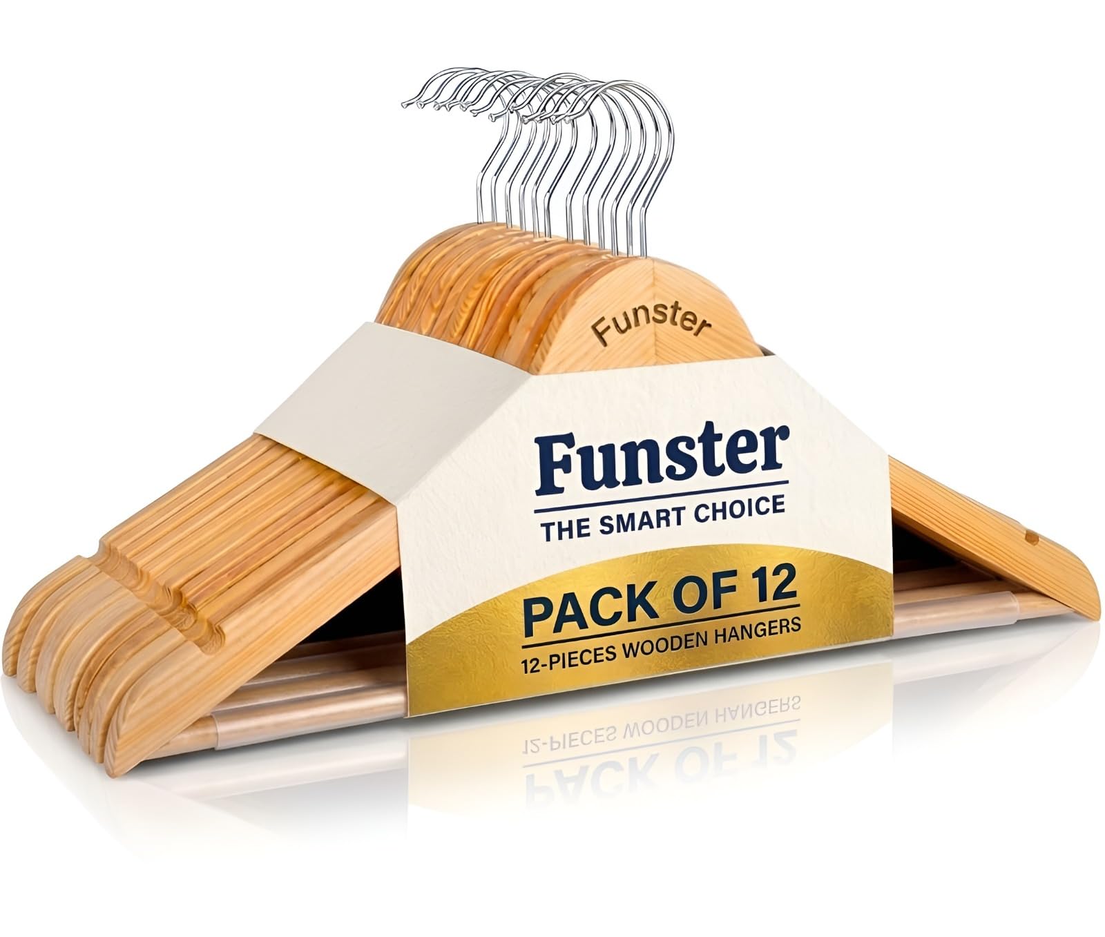 Wooden Clothes Hangers, Natural Wood Finish, Pack of 12, Chrome Swivel Hooks-image-35