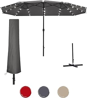 15 Ft / 15' Patio Umbrellas LED Outdoor / double-Sided Umbrella / Parasol / Garden / Outdoor / Pool / Extra Large / Umbrella with 48 LED Lights / Solar Powered LED / Umbrella with Crank Handle / Swimming Pool /12 Ribs Solar Outdoor, Patio Umbrella With Cross Base and protection bag Included