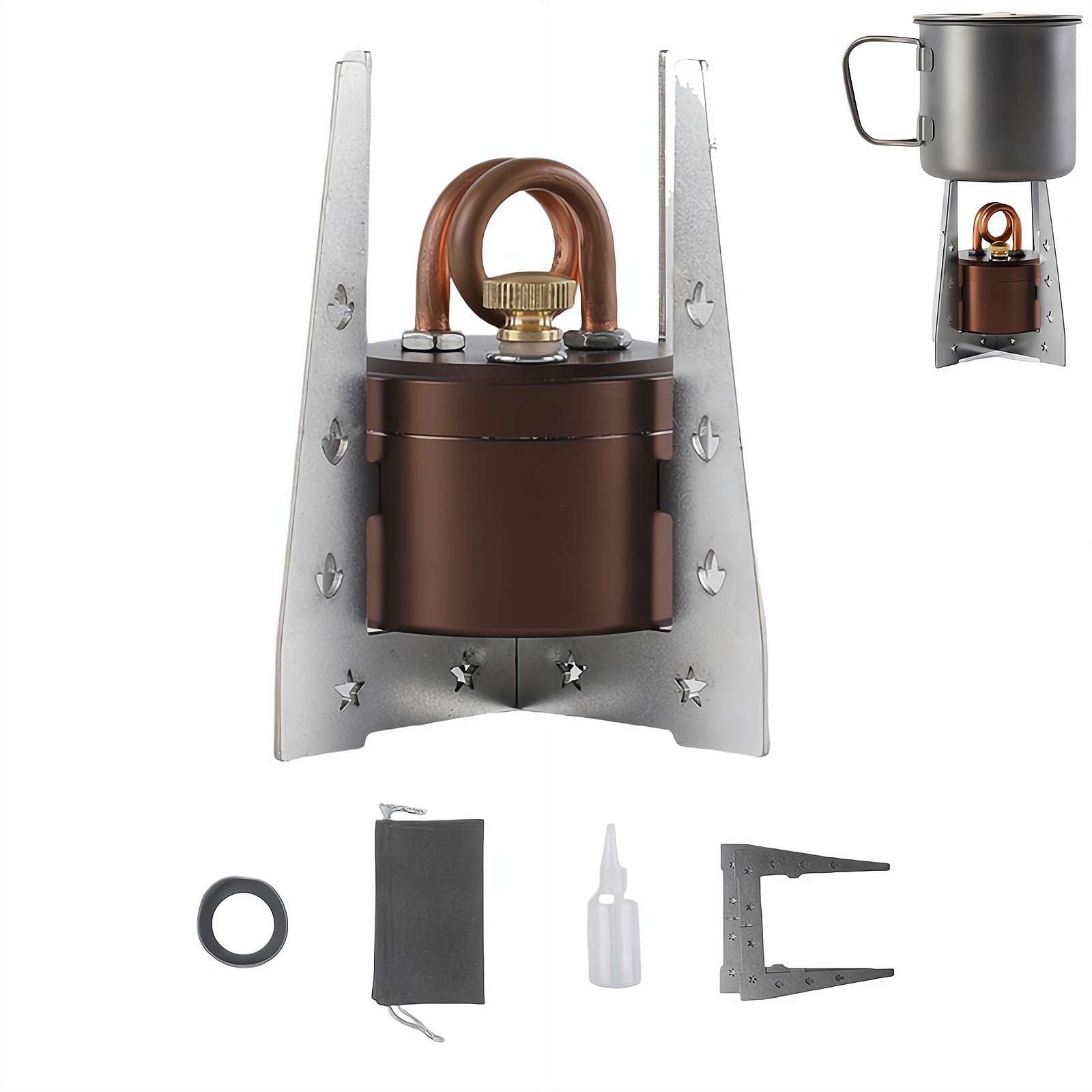 Mini Alcohol Camping Stove with Non-Slip Rubber Ring,Foldable Stand,Windproof Fast-Heating Spirit Burner for Outdoor Cooking,Camping,50ml Capacity,2.9x2.2in (Brown-A)