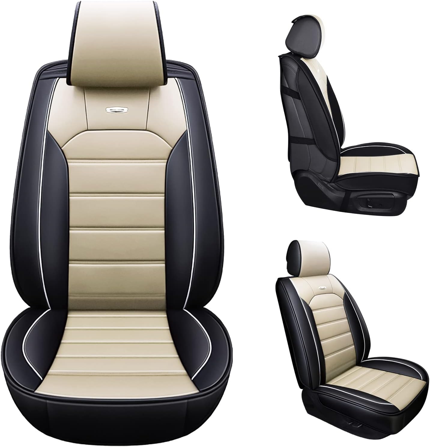 otoez Leather Car Seat Covers Full Set, 5 Seats Faux Leather Seat Covers for Cars, Waterproof Automotive Front & Rear Seat Protector Universal Interior Covers for Most Cars Sedans Trucks SUVs, Beige
