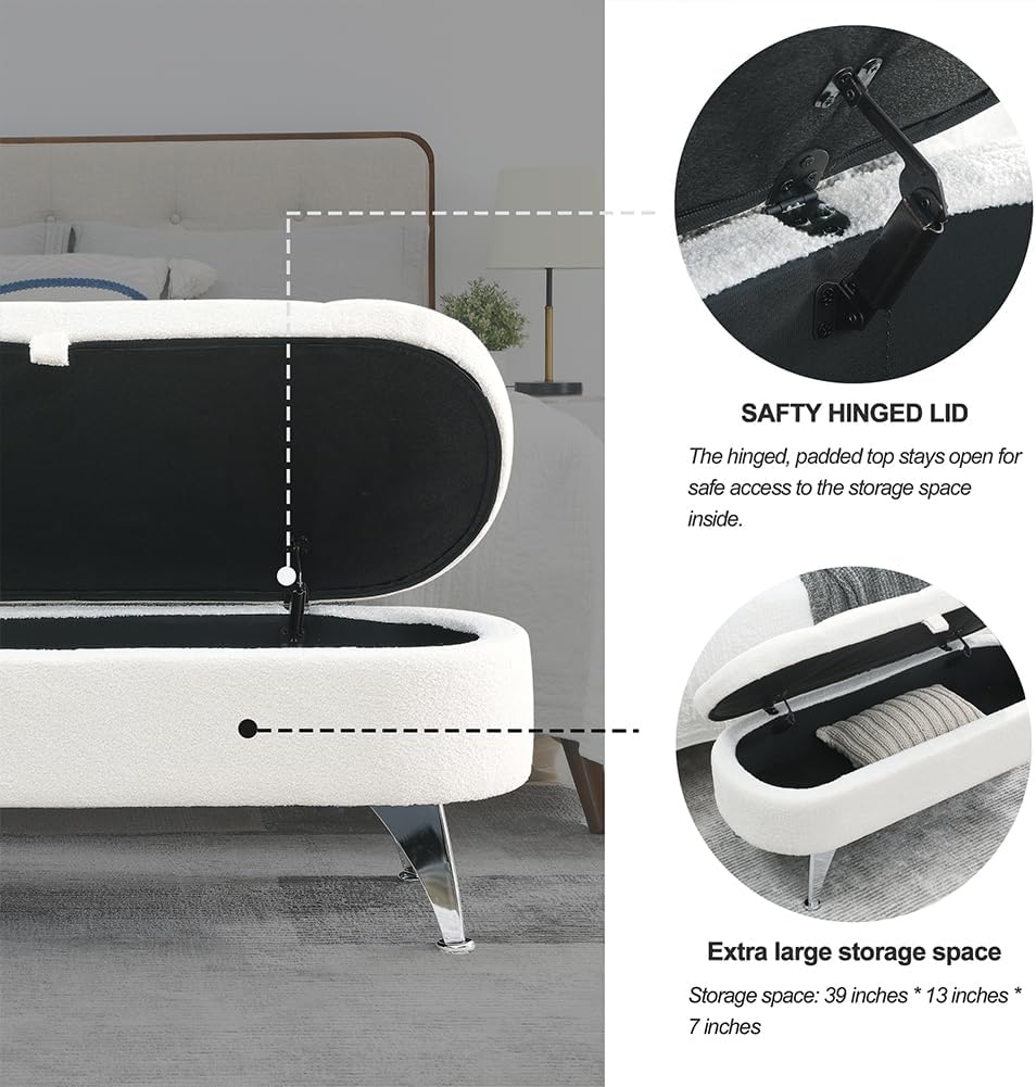 Storage Ottoman Bench with Metal Legs Safety Hinge Storage Chest Foot Rest Stool with Storage for Living Room Hallway Ivory White One Size