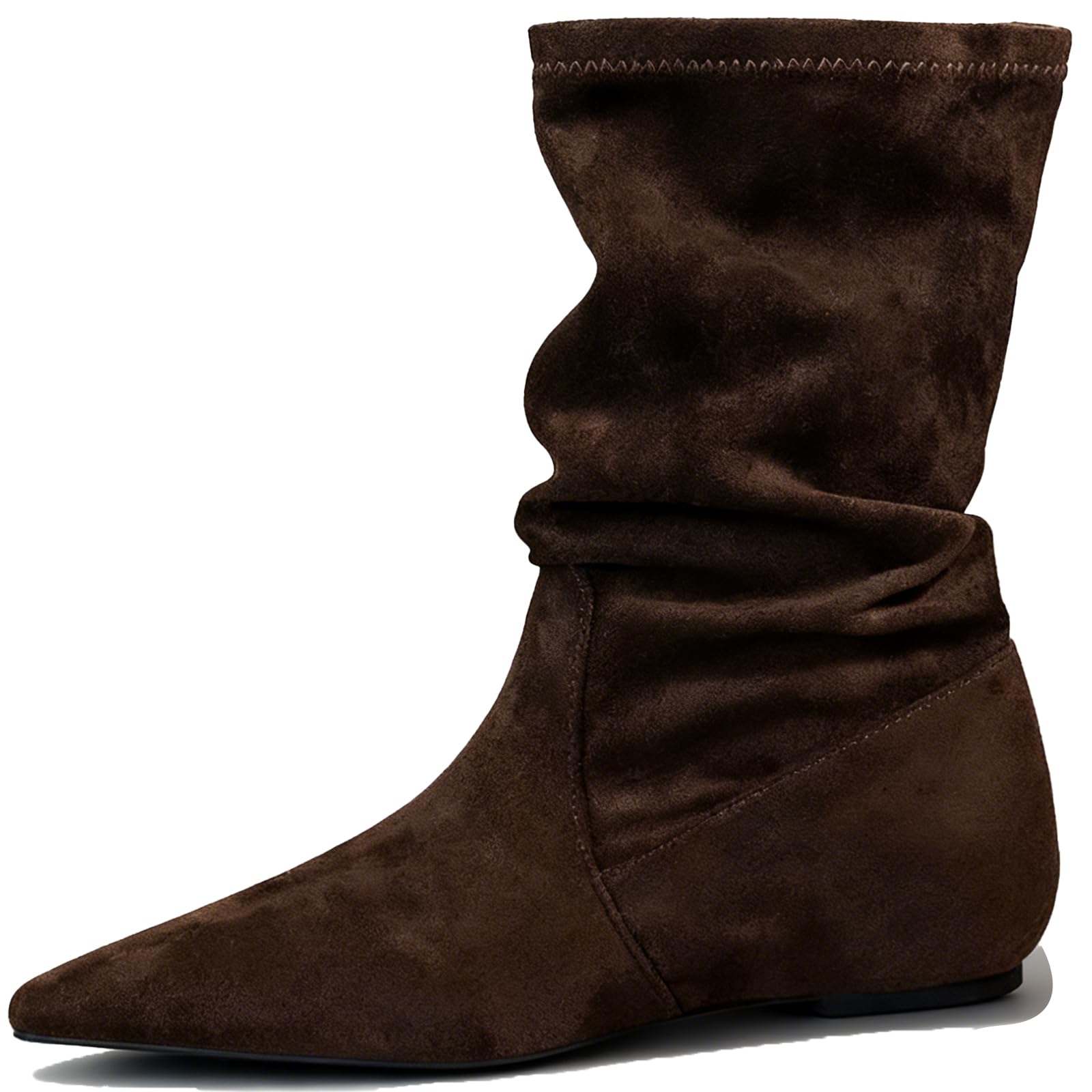 Womens Internal Height Increase Suede Pleated Ankle Boots Elegant Pointed Toe Invisible Low Wedge Pull on Fall Slouch