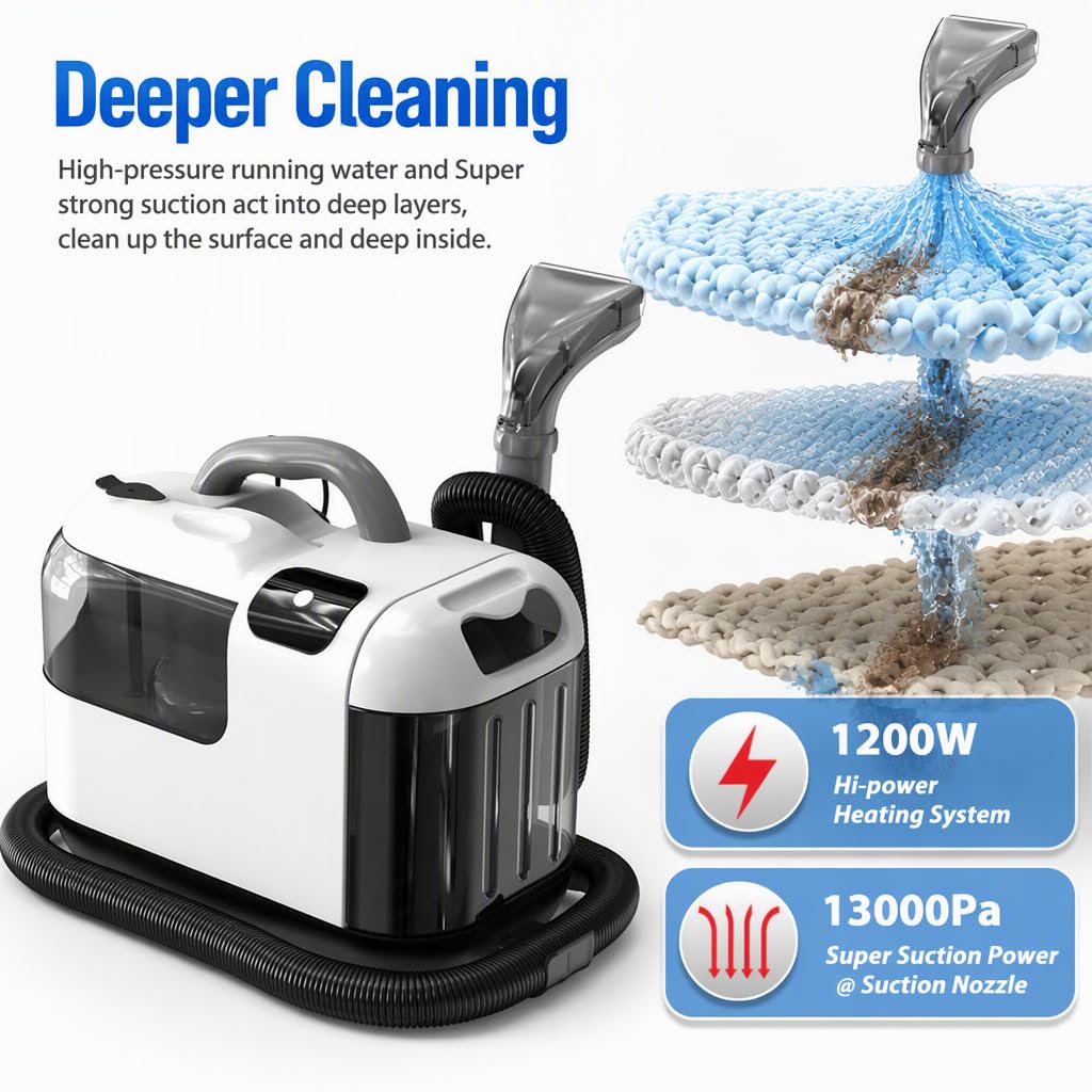 Pulitore a vapore per tappeti e tappezzeria, 1200 W, con aspirazione da 13000 Pa e serbatoio dell'acqua sporca da 1800 ml, con ugello per fessure, ideale per sedili auto.