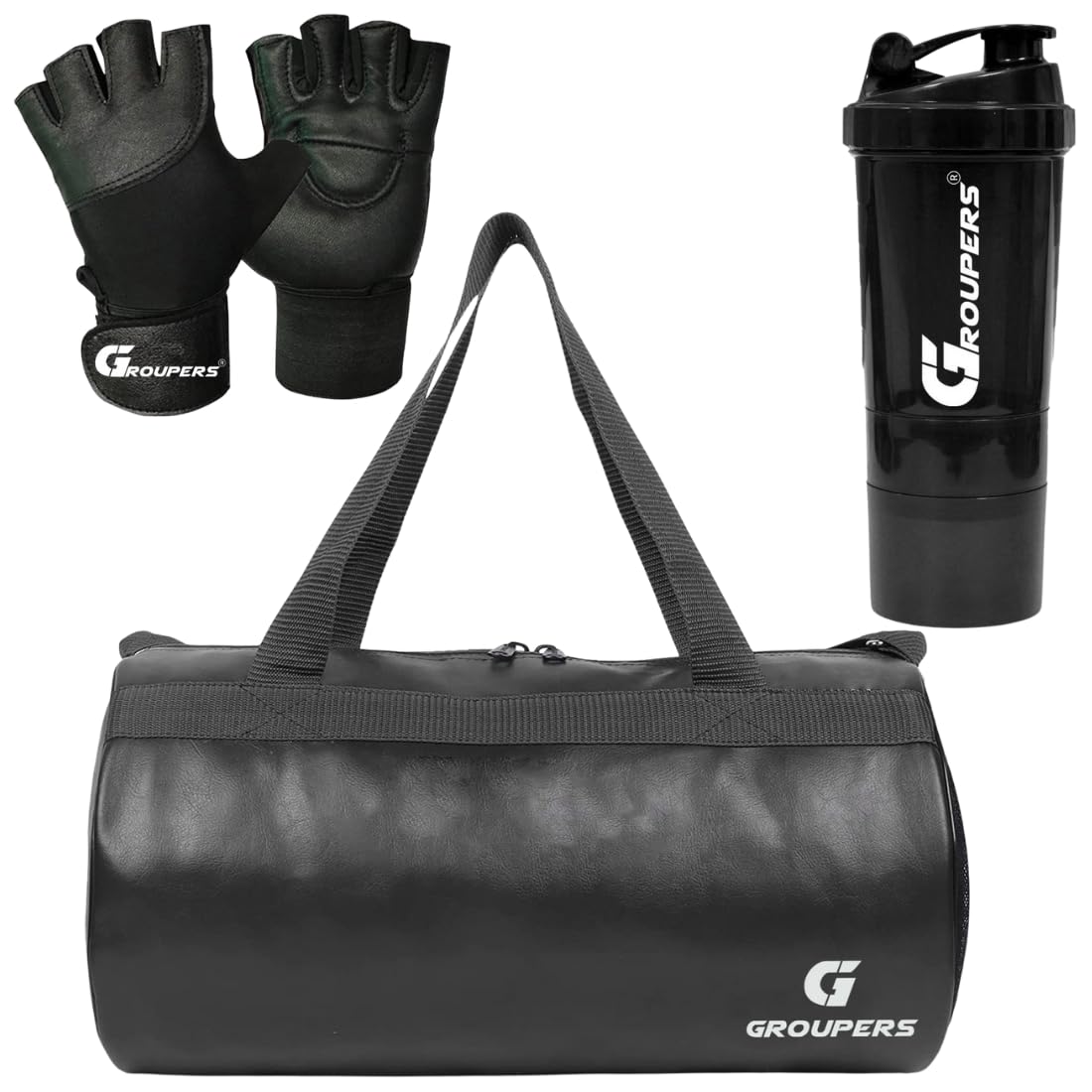 Combo Set of Duffle PU Leather Bag with Shaker Bottle-500ml & GloveslSports & Travel Bag (Black)-image-12