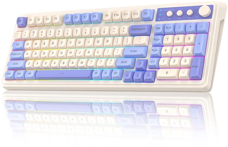 AULA 99 Key Keyboard, Tri-Mode Bluetooth/2.4GHz/USB-C Cute Creamy Gaming Keyboard with Number Pad RGB Backlit, Media Knob Custom Mechanical Feel Computer Keyboard for MAC Xbox PC Gamer - Purple - Purple-Beige