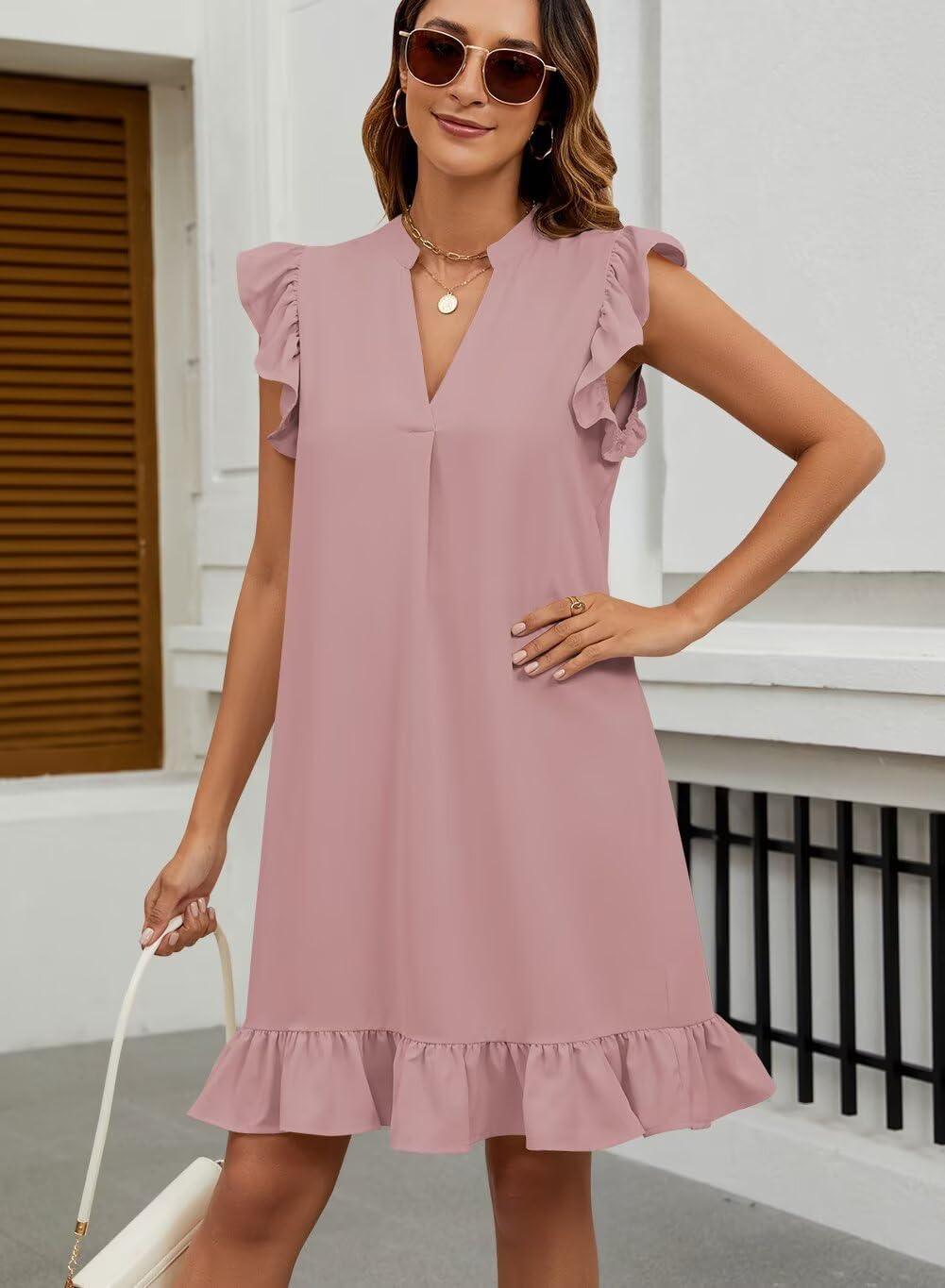 Wkior Summer Dresses for Women 2026 Casual V Neck Cap Sleeve Ruffled Hem T-Shirt Dress Flowy Swing Smock Mini Sundress - Image 5