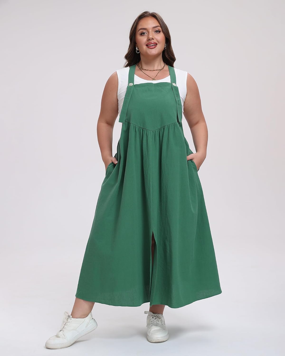 Moon Wood Plus Size Cotton Overall Dress for Women Front Slit Jumper Dress Loose Fit Casual Maxi Dress with Pockets