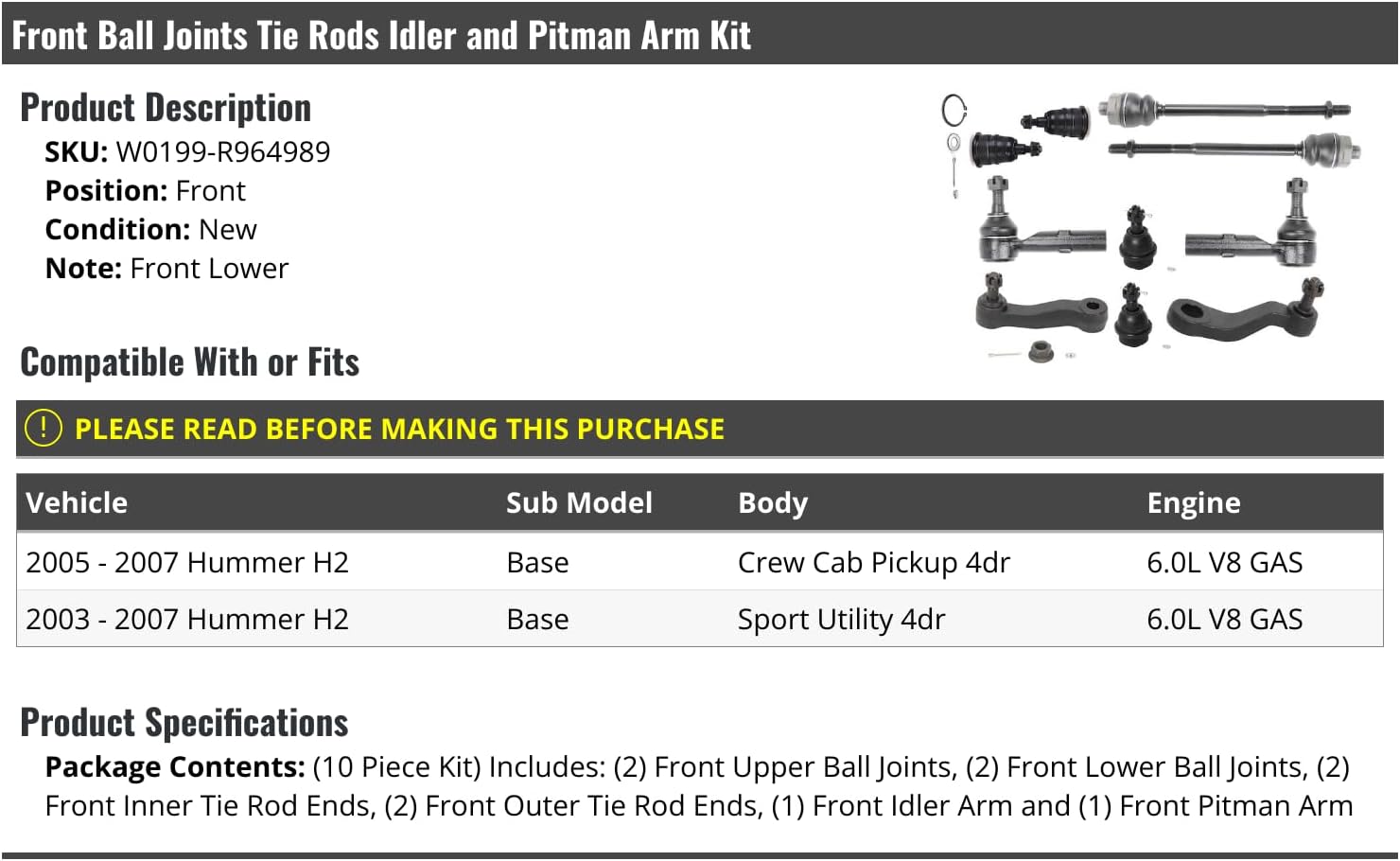 Front Ball Joints Tie Rods Idler and Pitman Arm Kit - Compatible with 2003-2007 Hummer H2 Base 6.0L V8 Gas