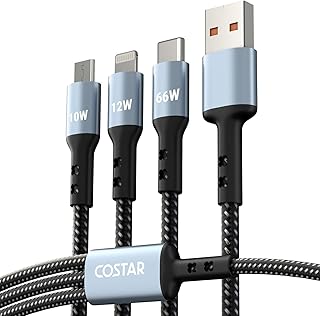 COSTAR 60W 3-in-1 Multi Fast Charging Cable – 3A Nylon Braided 1.5M Cable with Type-C &amp; Micro USB for iPhone, iPad, Samsun...