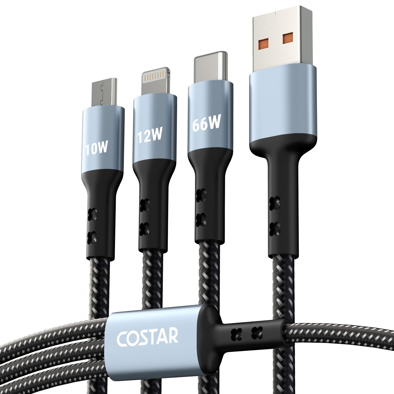 COSTAR 60W 3-in-1 Multi Fast Charging Cable – 3A Nylon Braided 1.5M Cable with Lightning, Type-C & Micro USB for iPhone, iPad, Samsung, OnePlus, Xiaomi, Oppo, Vivo, Android & Car Charging (Black)