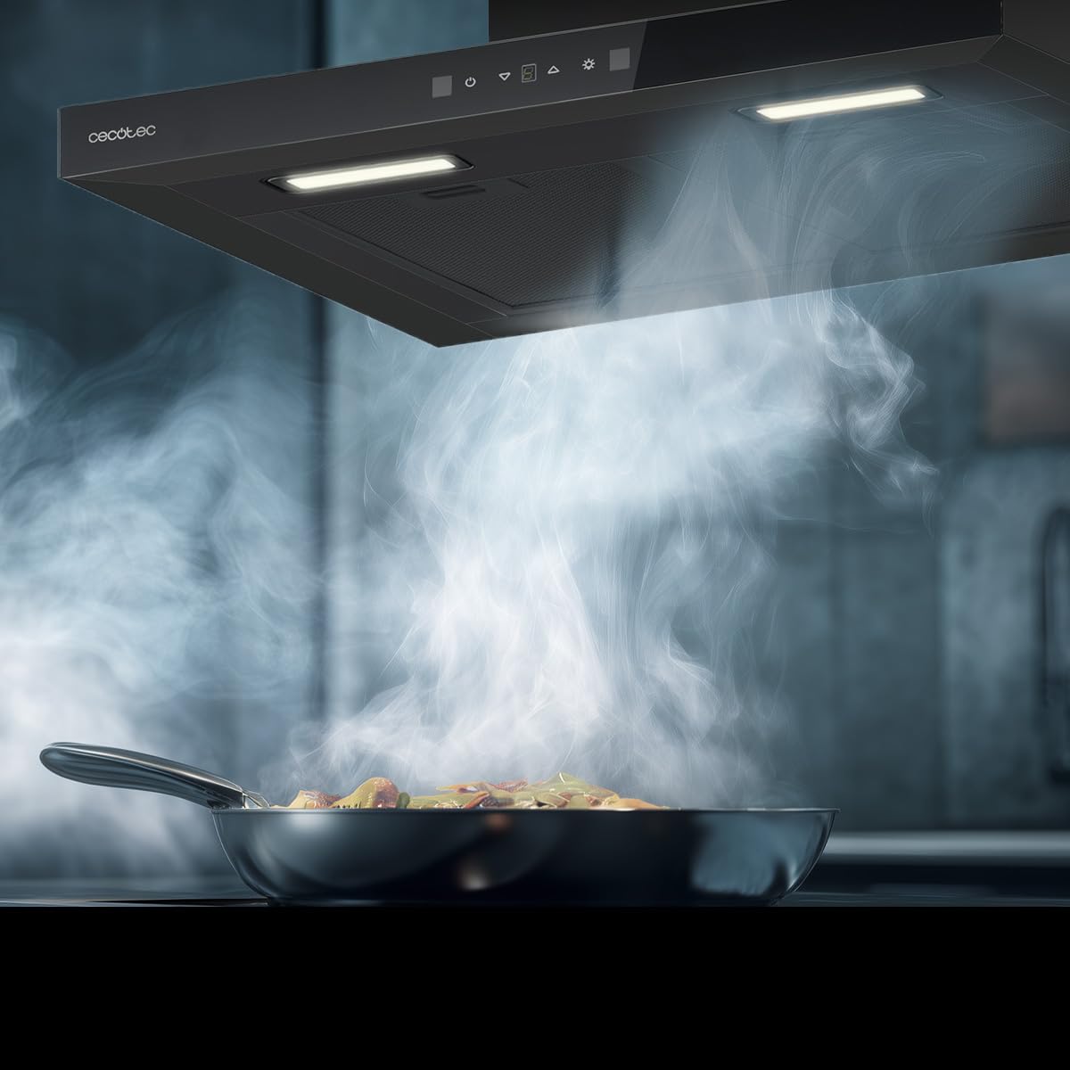 Cecotec T-förmige Dunstabzugshaube 60cm Bolero Flux, 413,3 m³/h, Energieklasse A++, Bewegungssteuerung, Booster mit hoher Effizienz und innovativer Technologie für moderne Küchen