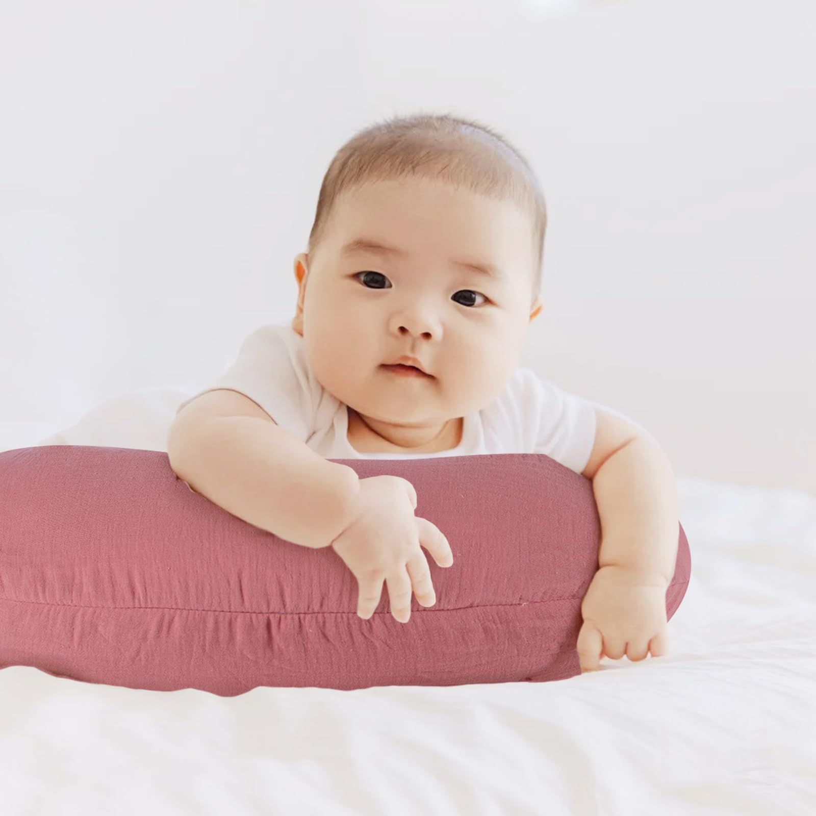 Winmany 2 Pack Muslin Nursing Pillow Covers Soft Cotton Newborn Breastfeeding Pillow Cover Baby Removable Feeding Pillow Slipcover for Boys Girls (Rose + Light Pink) - Image 2