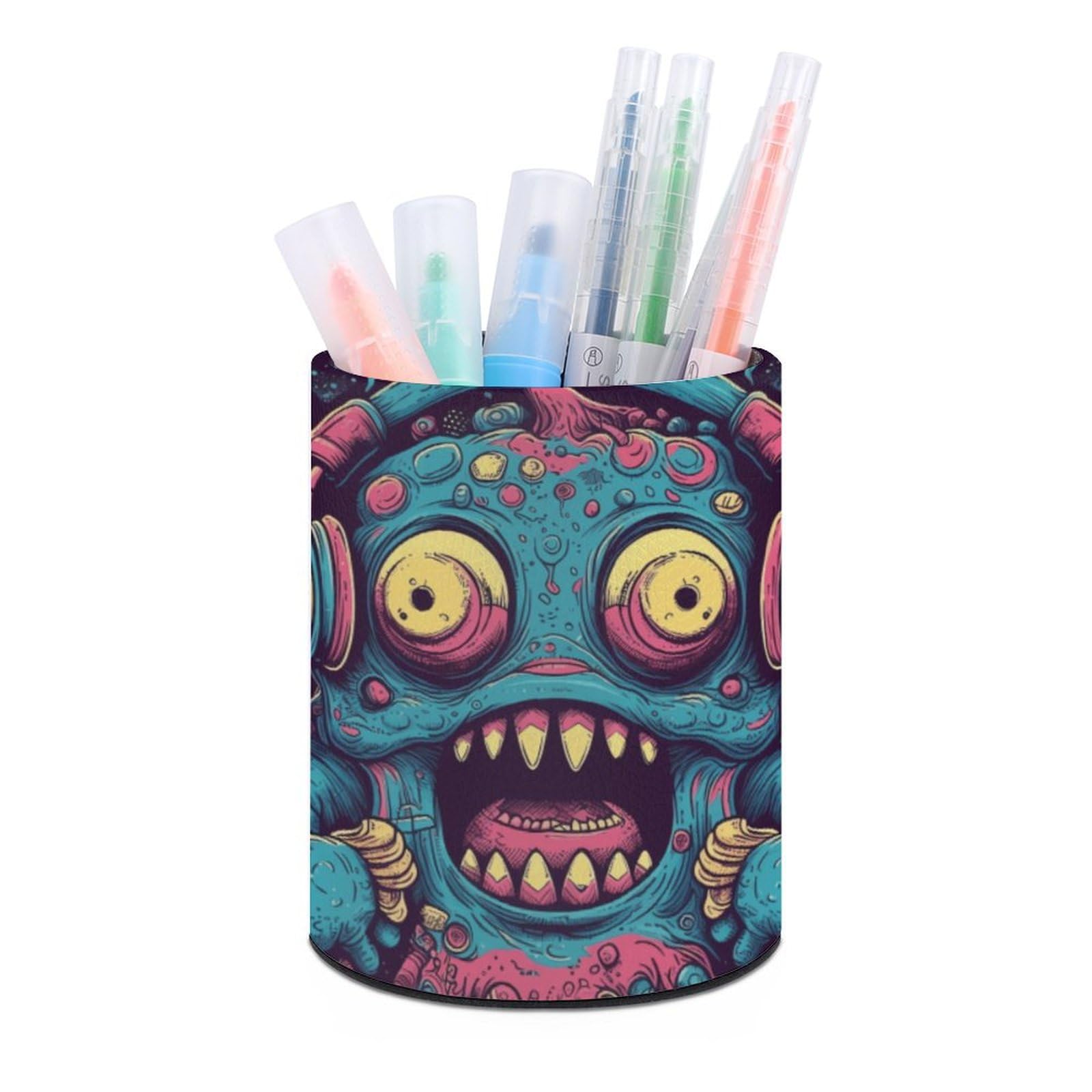 JTREHY Round Pen Holder,Love Music Monster Printed Makeup Brush Storage Box for Home Office Dressing Table