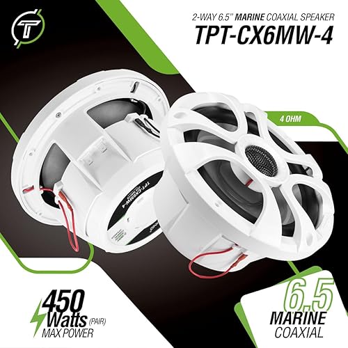Miniatura 2 de Timpano 6.5 altavoces marinos de 450 vatios por par TPT-CX6MW-4 altavoces coaxiales impermeables de 2 vías, 1 par, blanco, resistentes a la