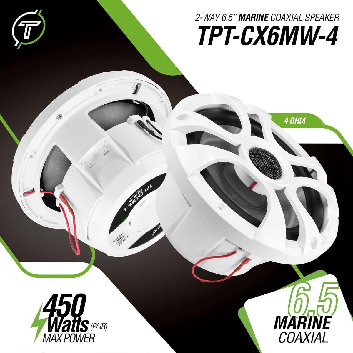 Timpano 6.5 Marine Speakers 450 Watt Per Pair TPT-CX6MW-4 Coaxial 2 Way Waterproof Speakers, 1 Pair, White, Weather Resistant Marine Speakers 6.5 Inch for Boat, ATV or RV Speakers, Bocinas Marinas