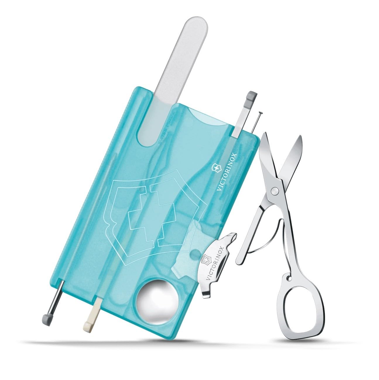 Victorinox Swiss Card Nail Care, Swiss Made Pocket Tool, Credit Card Size, 13 Functions, File, Scissors, Ice Blue Transparent