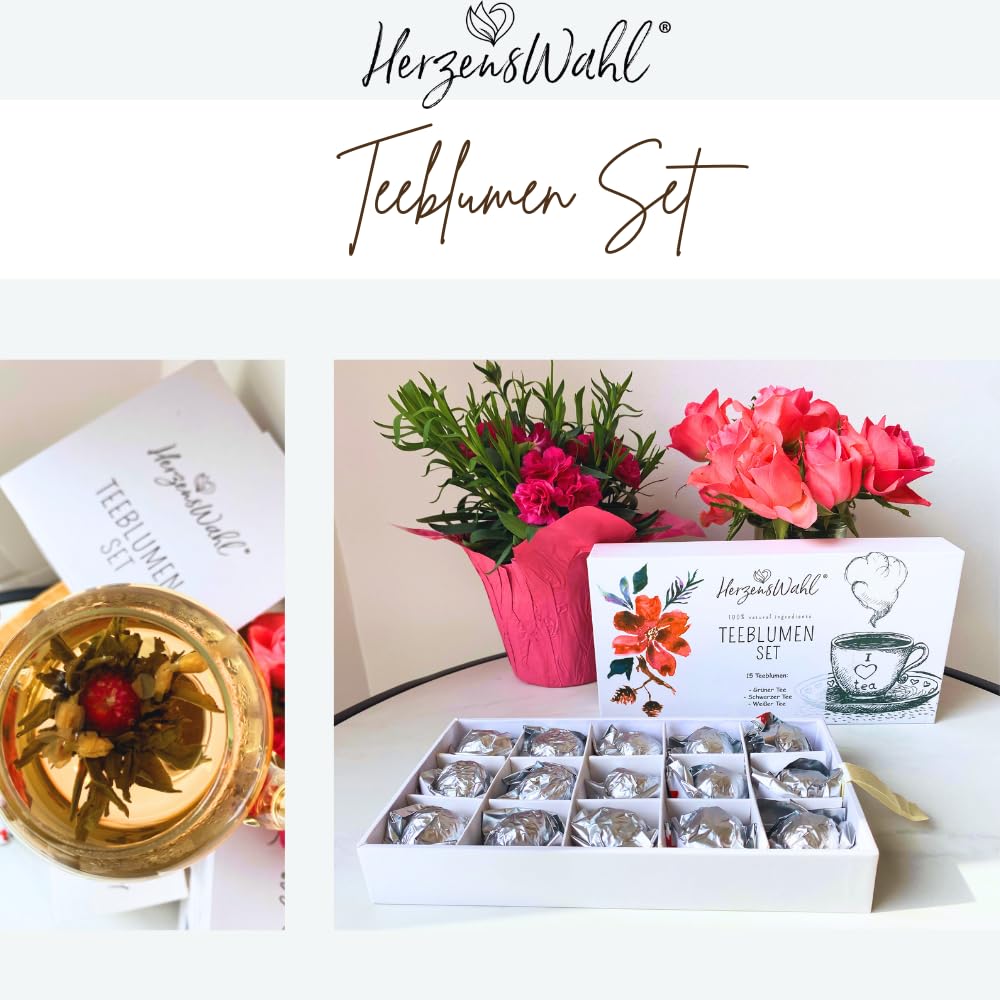 HerzensWahl Coffret cadeau de fleurs de thé - 15 fleurs de thé blanc, thé vert et thé noir dans une boîte à thé - Kit de dégustation de fleurs de thé pour les amateurs de thé avec boîte cadeau