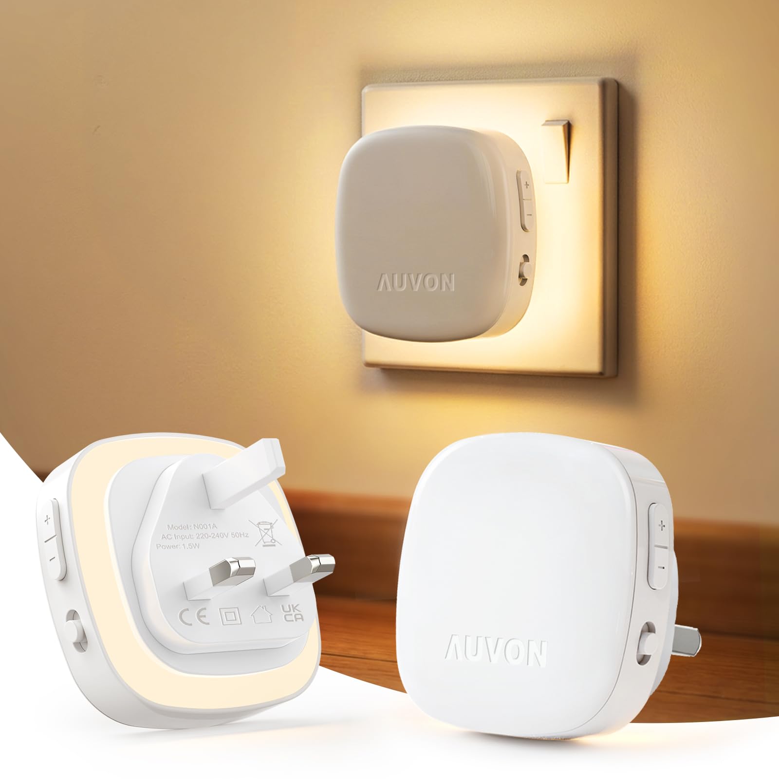 AUVON Night Light Plug in Wall, 2 Pack Backlit LED Motion Sensor Night Light with Dusk to Dawn Sensor, Warm Dimmable Light with Adjustable Brightness 1-50 lm 8 Levels for Hallways, Stairs, Bedrooms