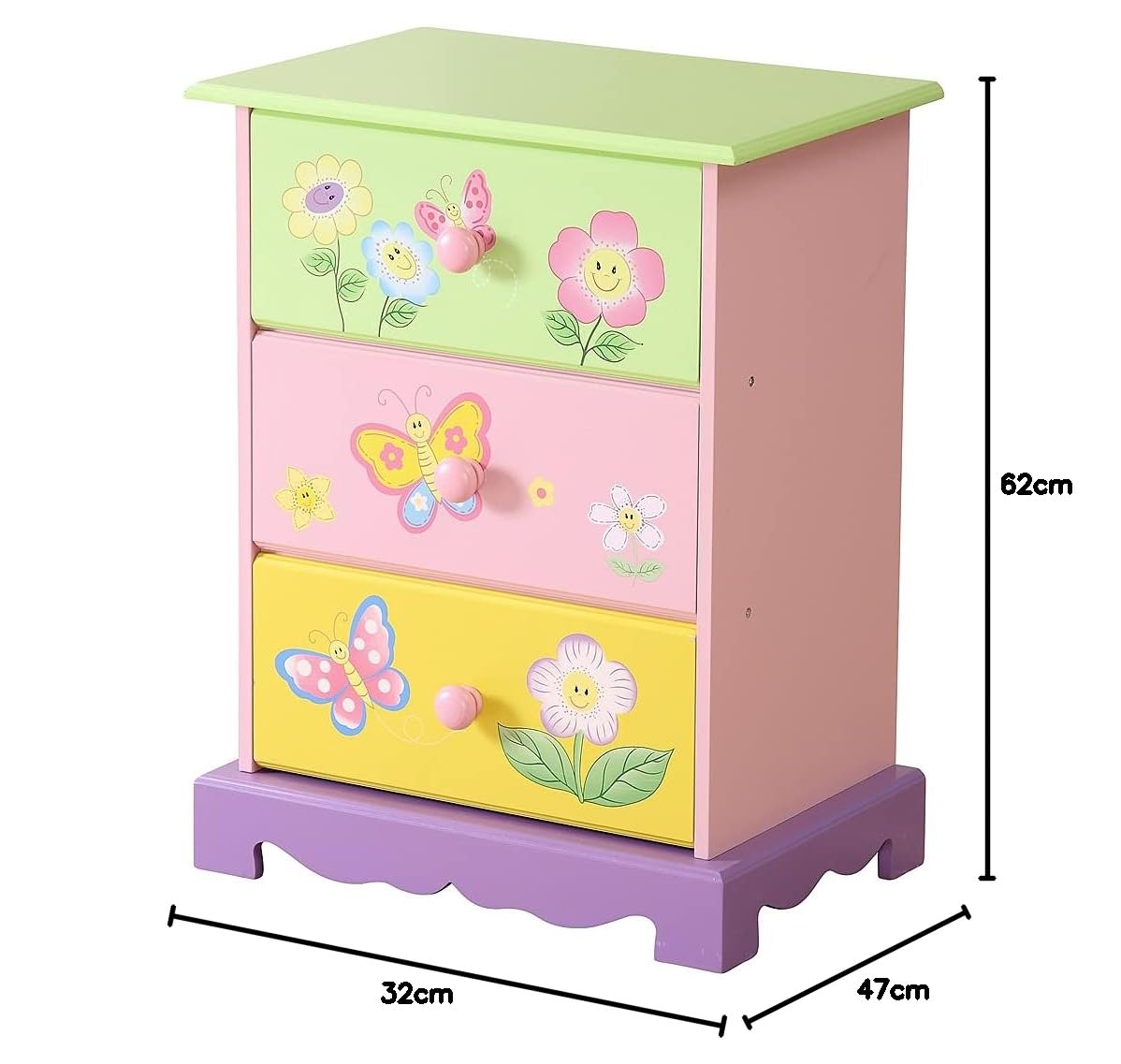 Kinder Schubladen | Mädchen Kommode Schlafzimmer | Aufbewahrungsboxen für Kinder, mit Schmetterlingsblumen-Gemälden, Rosa, Grün, Gelb, Lila (Kommode)